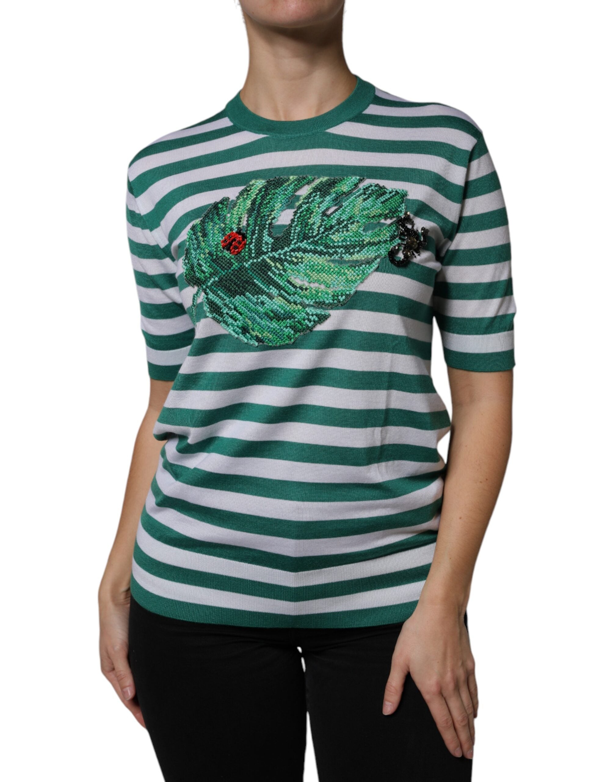 Dolce & Gabbana Weiß Grün Streifen Blatt Rundhals T-Shirt-1