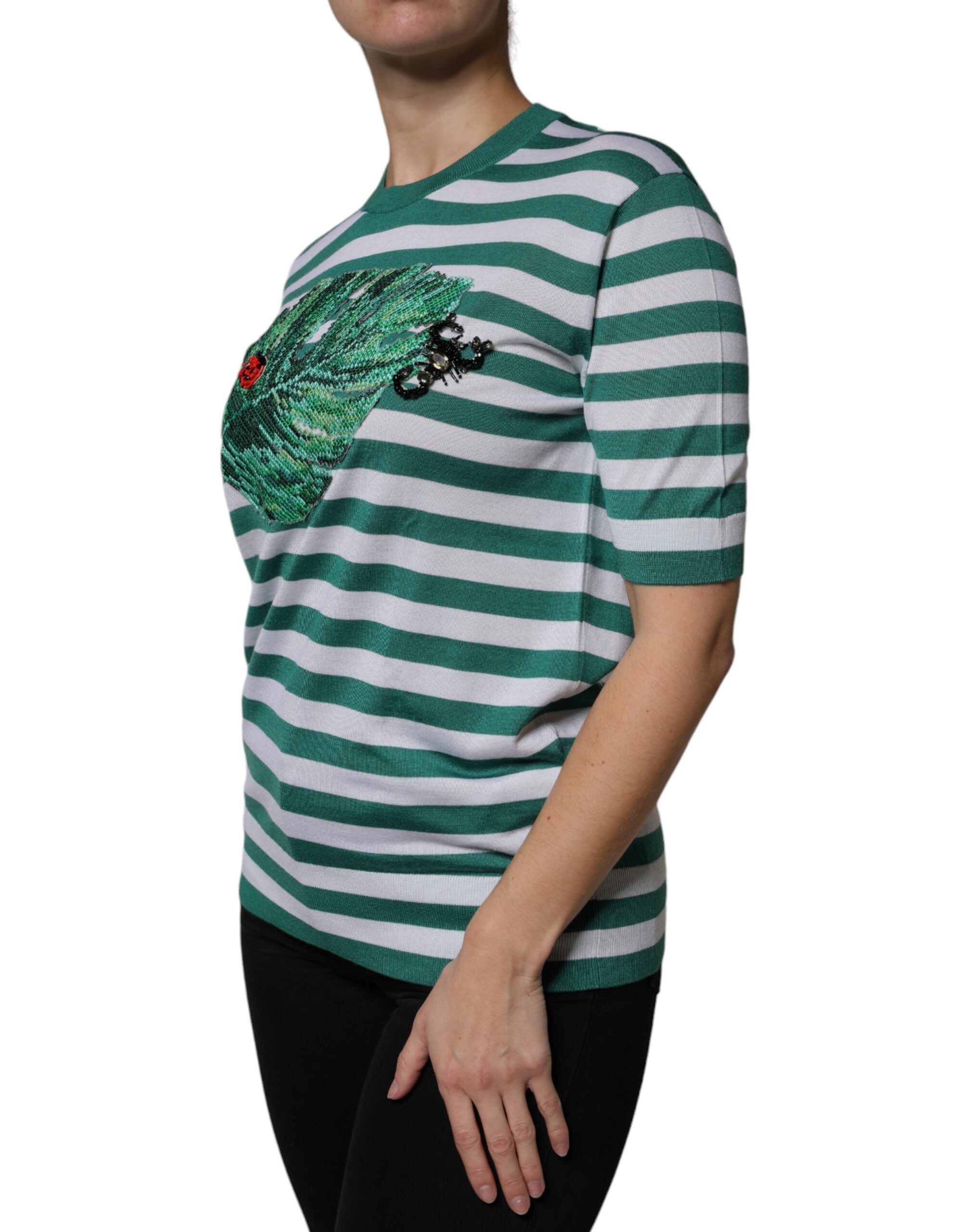 Dolce & Gabbana Weiß Grün Streifen Blatt Rundhals T-Shirt-3