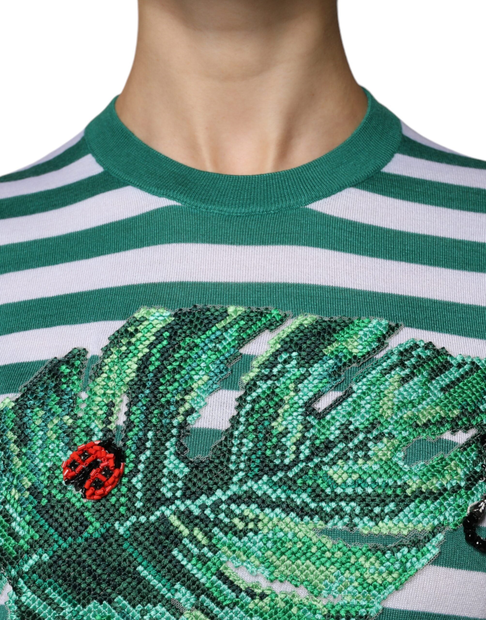 Dolce & Gabbana Weiß Grün Streifen Blatt Rundhals T-Shirt-5