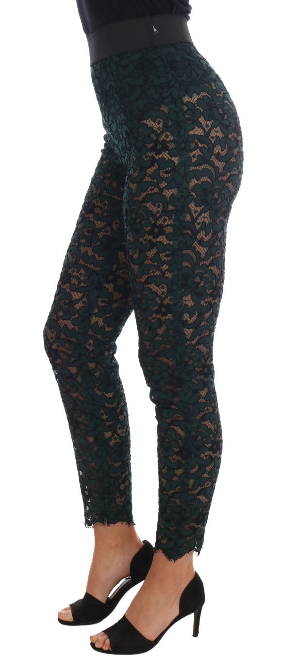 Dolce & Gabbana Green Leggings with Floral Lace Trousers-2