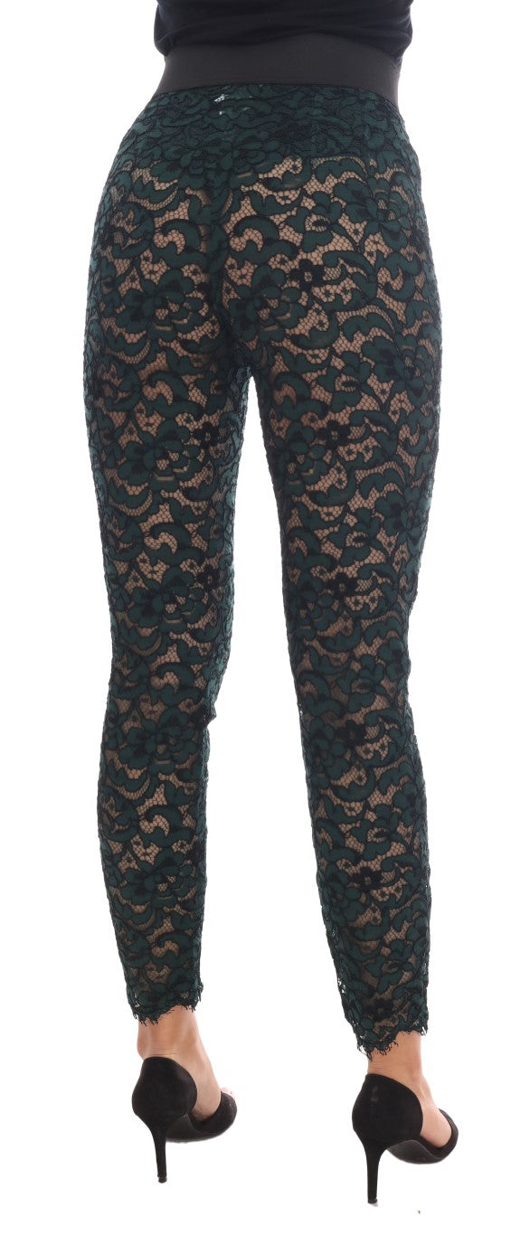 Dolce & Gabbana Green Leggings with Floral Lace Trousers-3