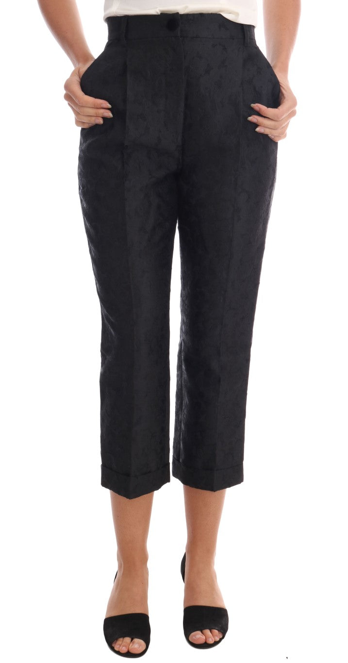 Dolce & Gabbana Black brocade capri pants with floral pattern-1