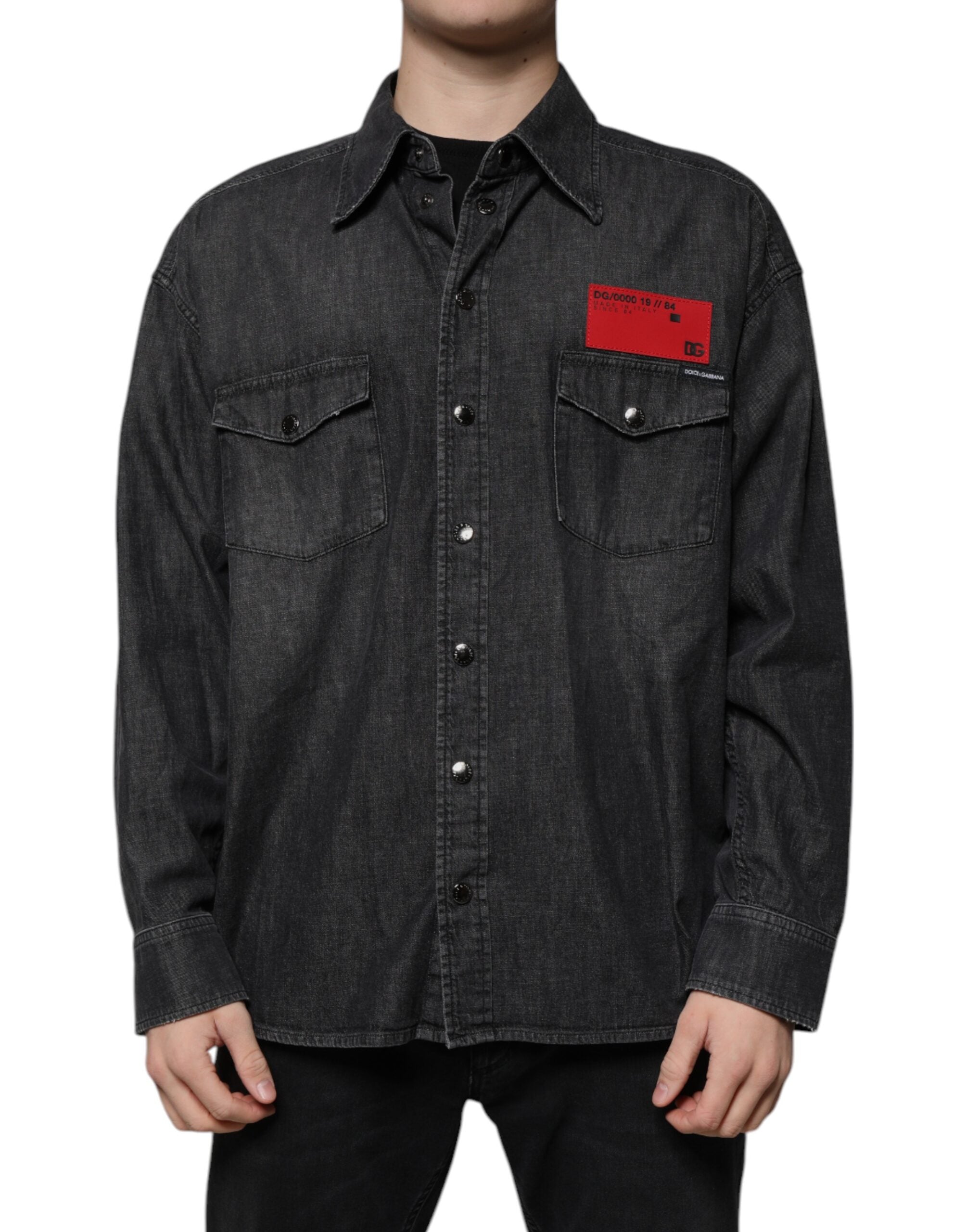 Dolce & Gabbana Black Logo Cotton Shirt with Denim Button Placket-1