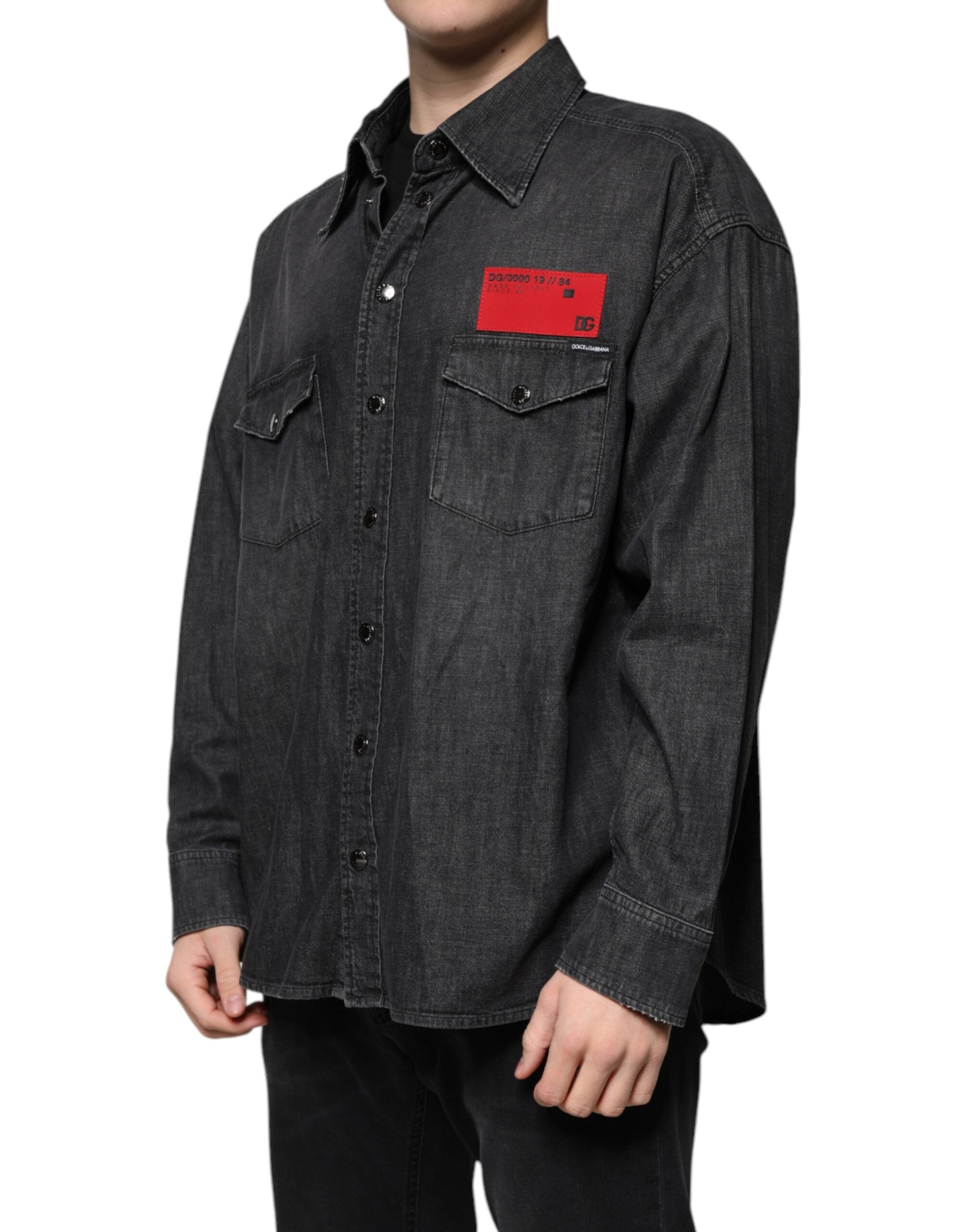 Dolce & Gabbana Black Logo Cotton Shirt with Denim Button Placket-3
