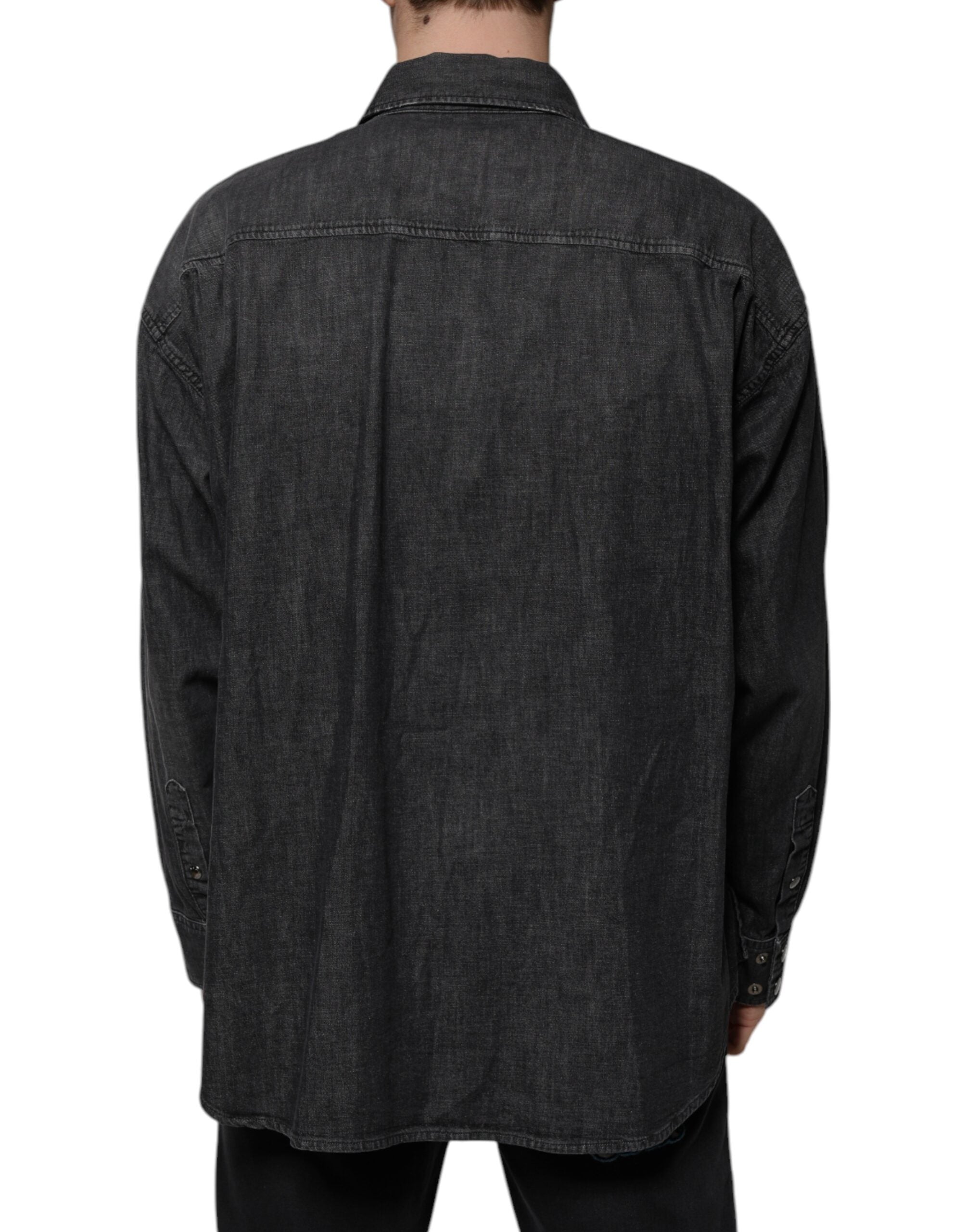 Dolce & Gabbana Black Logo Cotton Shirt with Denim Button Placket-4