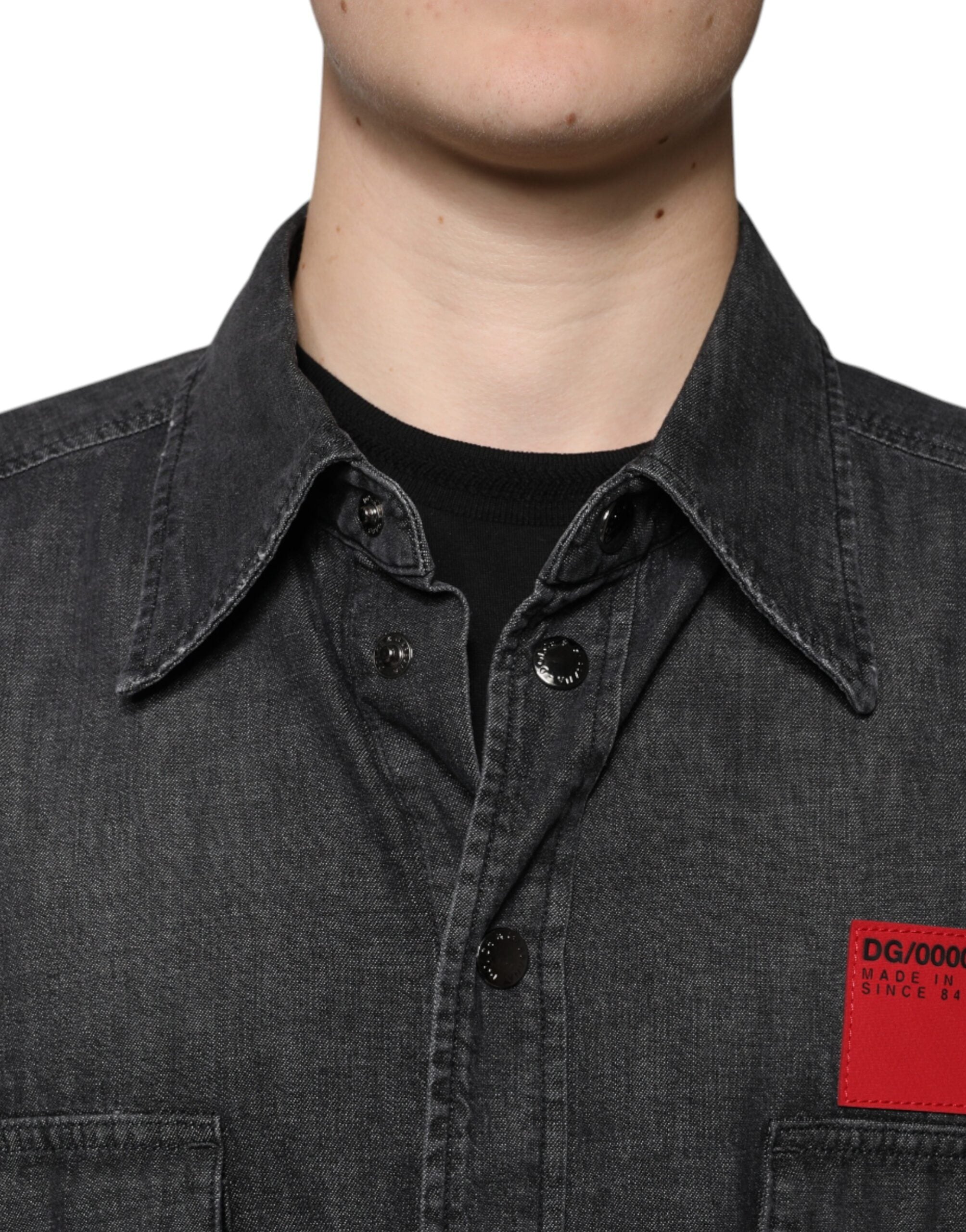 Dolce & Gabbana Black Logo Cotton Shirt with Denim Button Placket-5