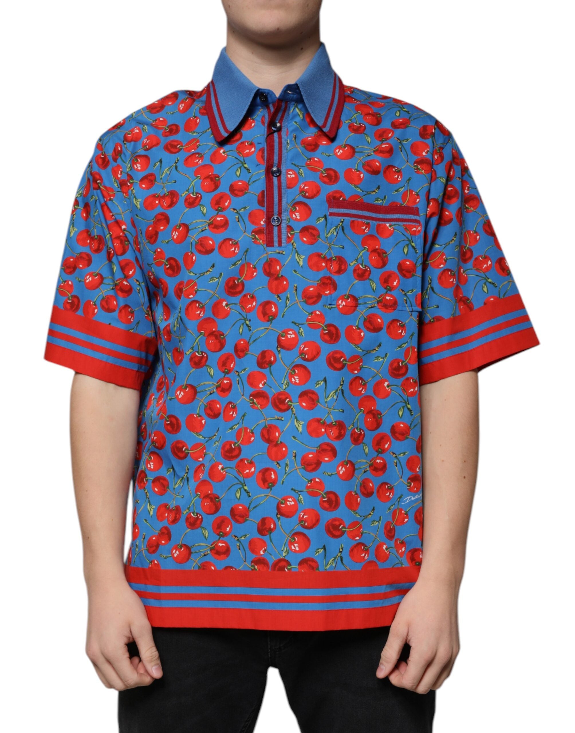 Dolce & Gabbana Blue Cherry Tree Cotton Polo T-Shirt for Men with Collar