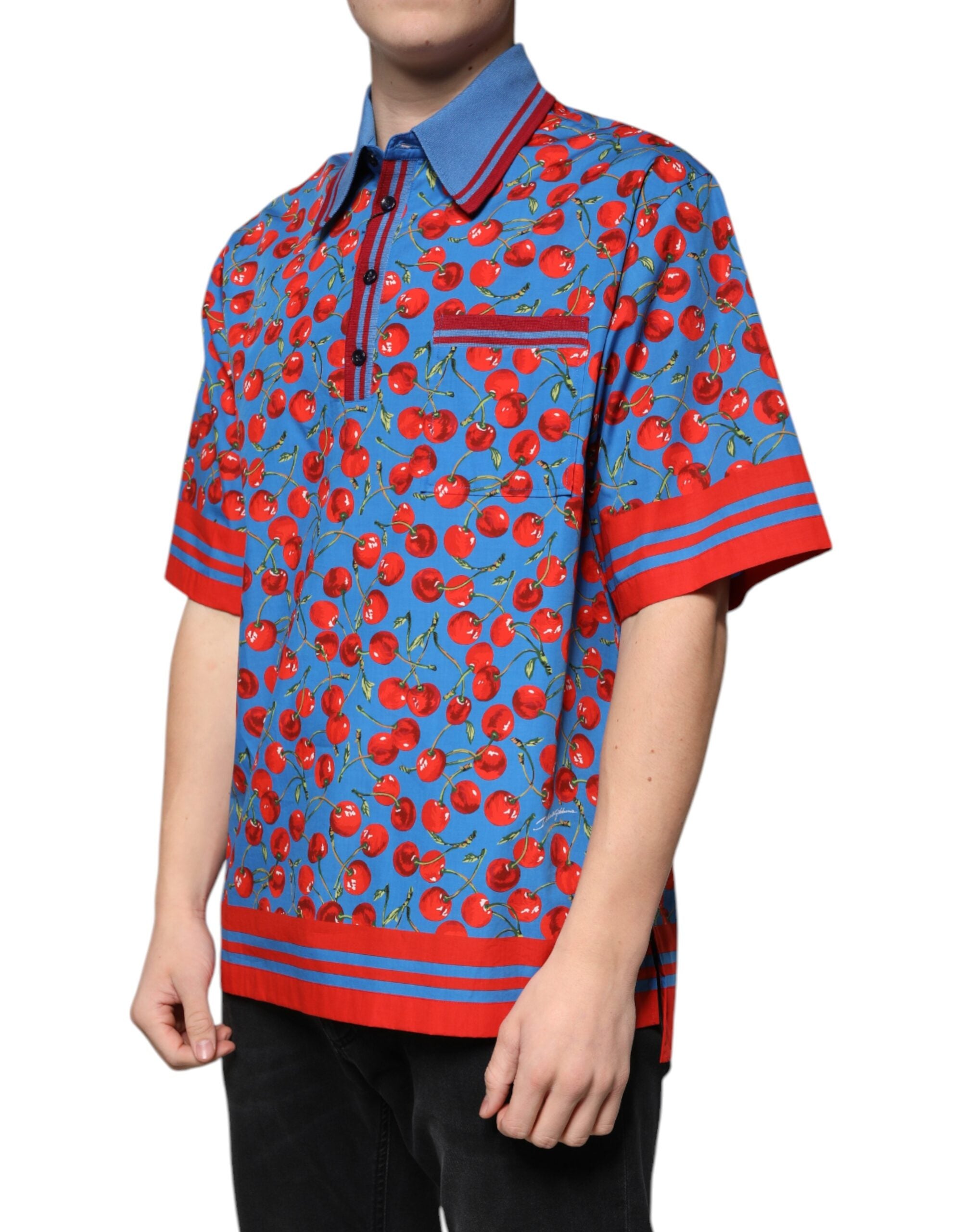 Dolce & Gabbana Blue Cherry Tree Cotton Polo T-Shirt for Men with Collar-3