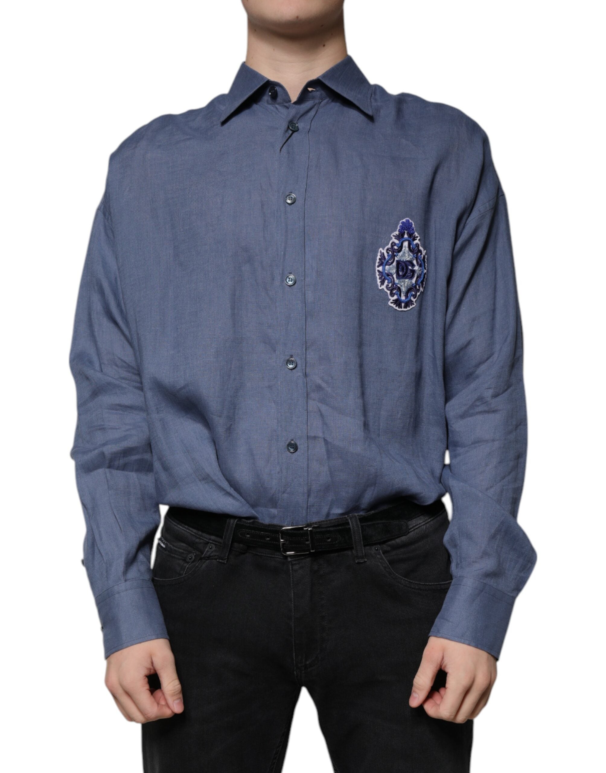 Dolce & Gabbana Blue Logo Long Sleeve Button-Down Casual Shirt