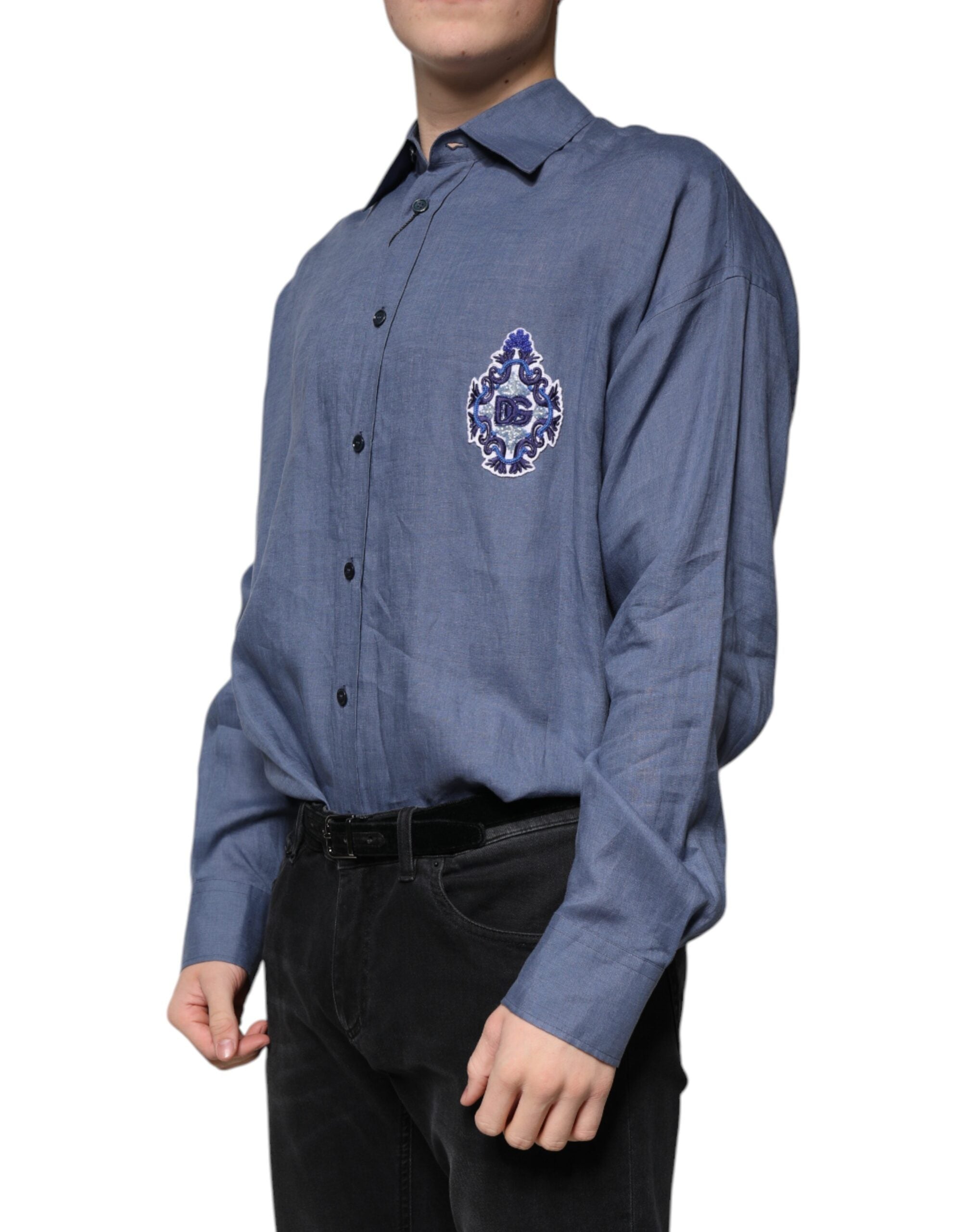 Dolce & Gabbana Blue Logo Long Sleeve Button-Down Casual Shirt-3