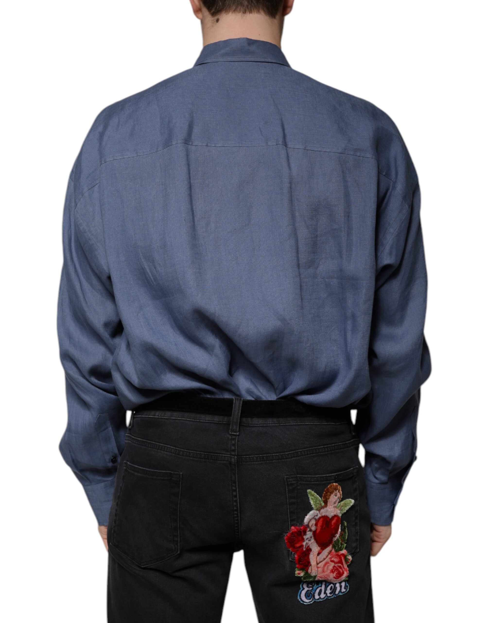 Dolce & Gabbana Blue Logo Long Sleeve Button-Down Casual Shirt-4
