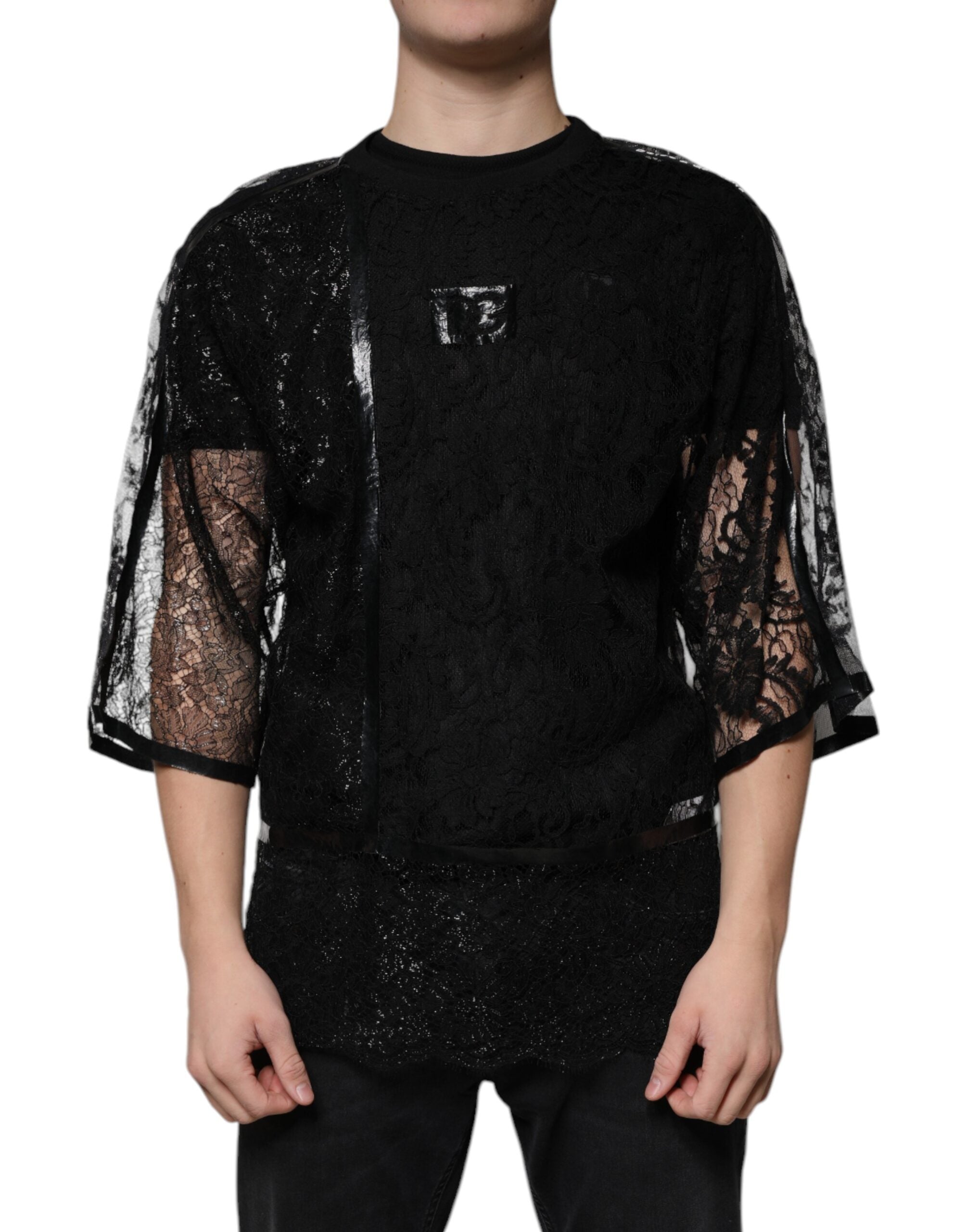 Dolce & Gabbana Black nylon T-shirt with floral lace and round neck-2