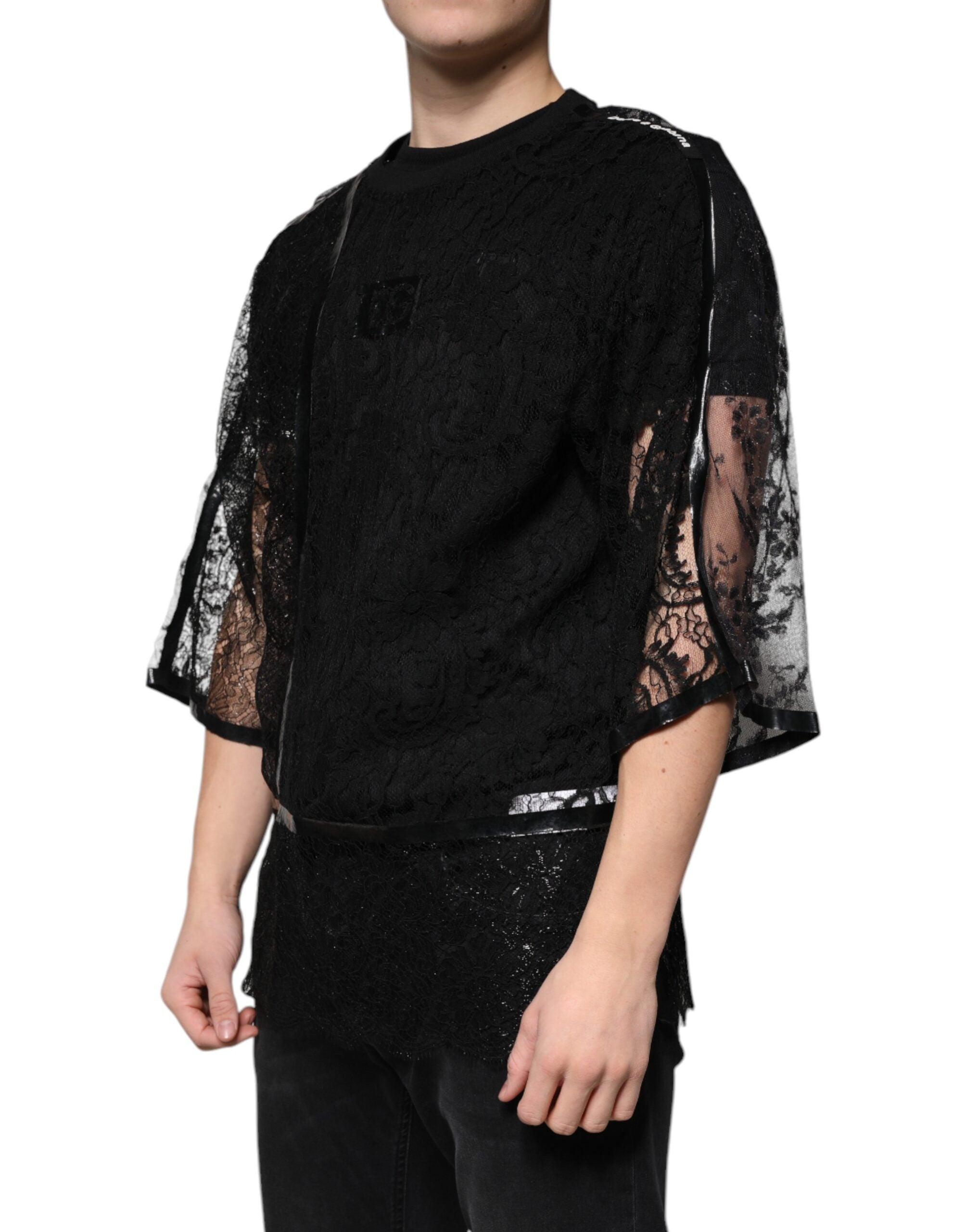 Dolce & Gabbana Black nylon T-shirt with floral lace and round neck-3