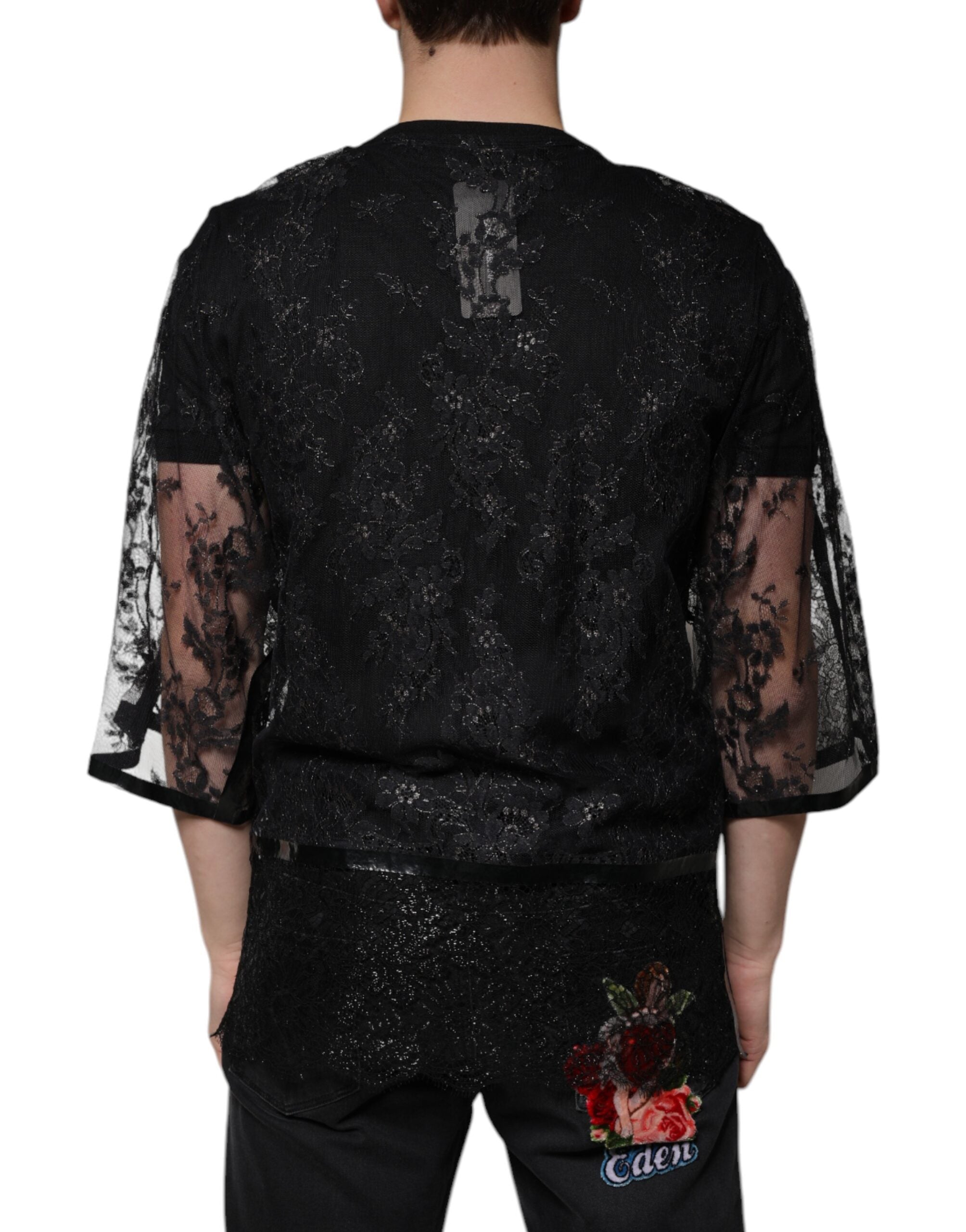 Dolce & Gabbana Black nylon T-shirt with floral lace and round neck-4