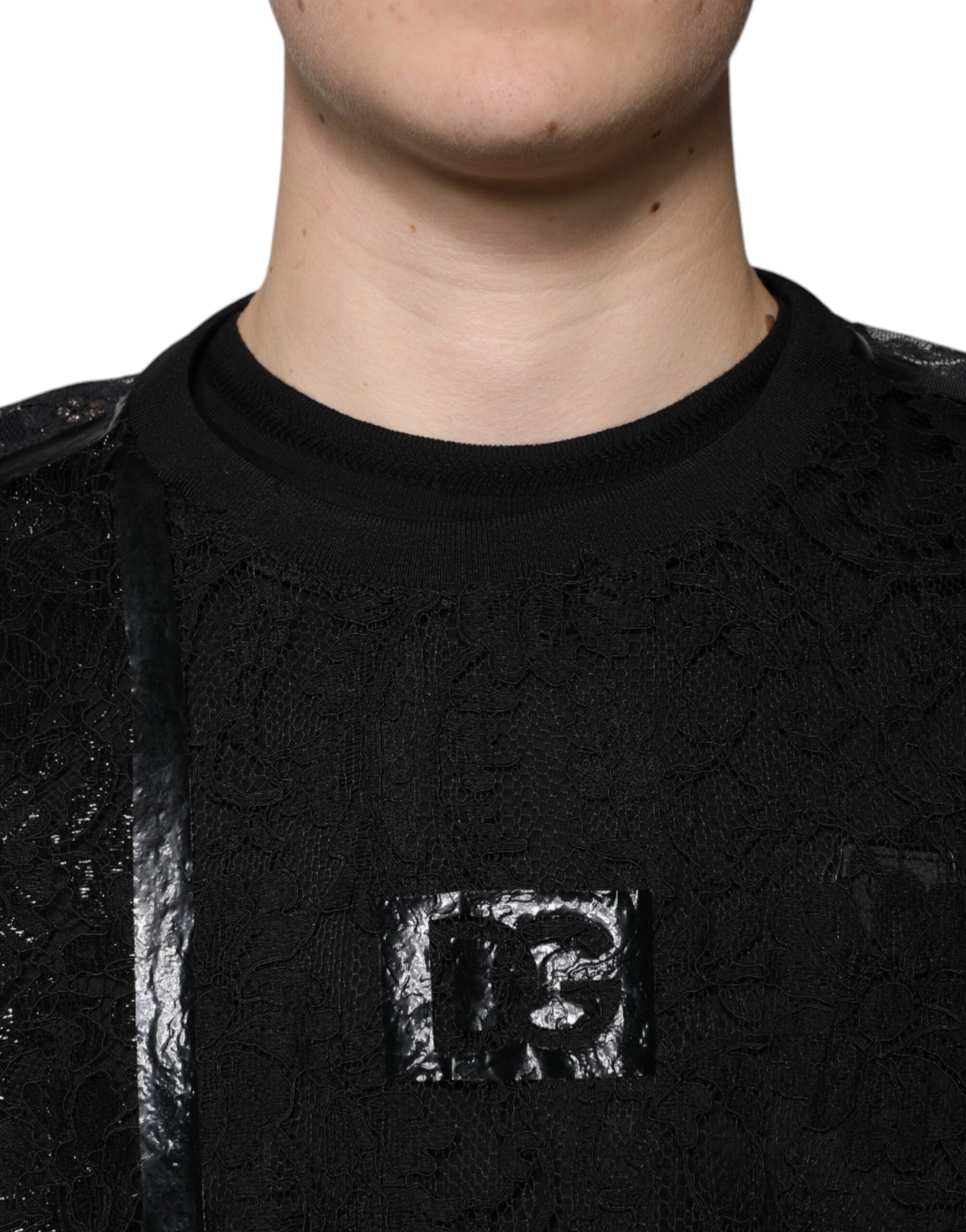 Dolce & Gabbana Black nylon T-shirt with floral lace and round neck-5