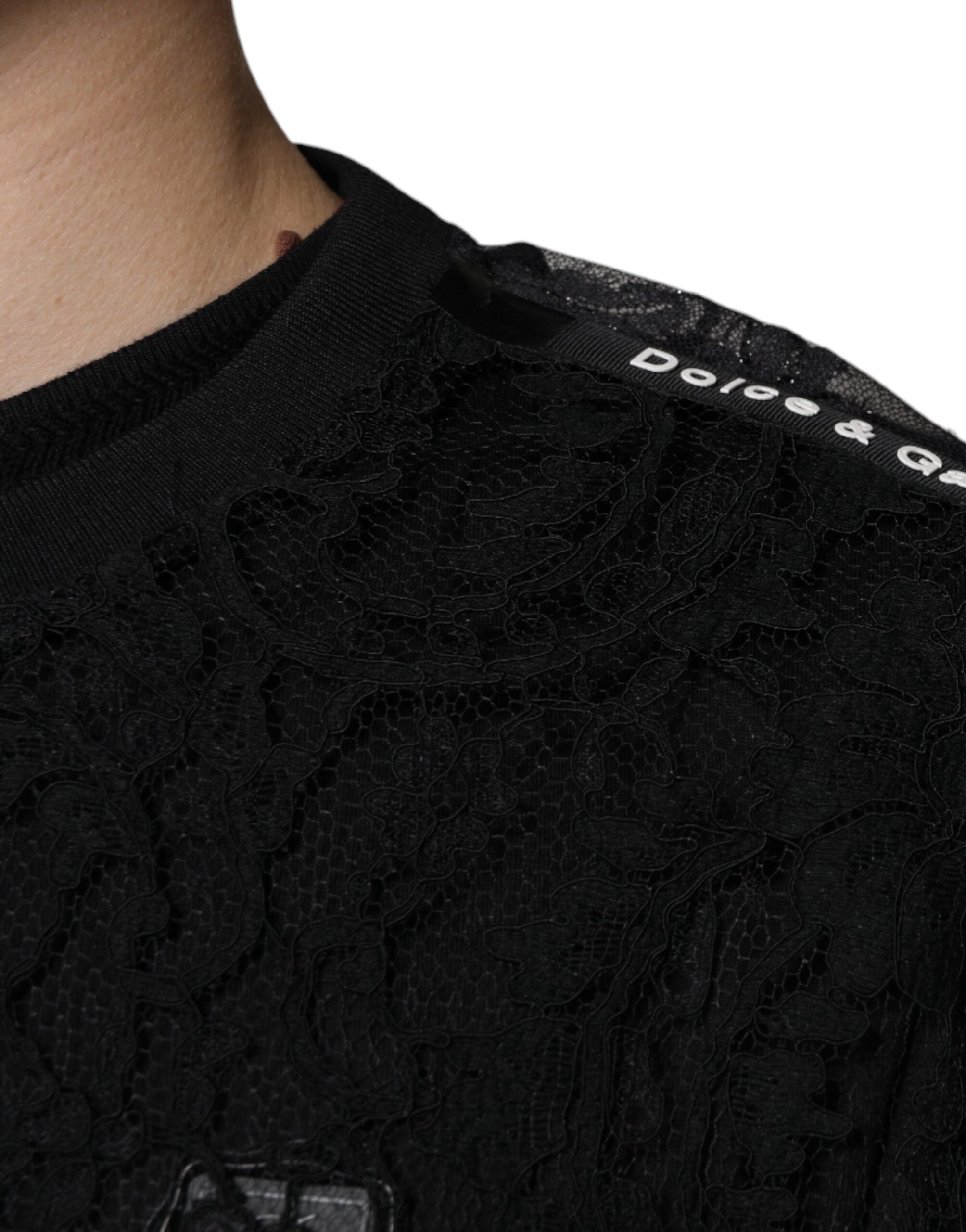 Dolce & Gabbana Black nylon T-shirt with floral lace and round neck-6