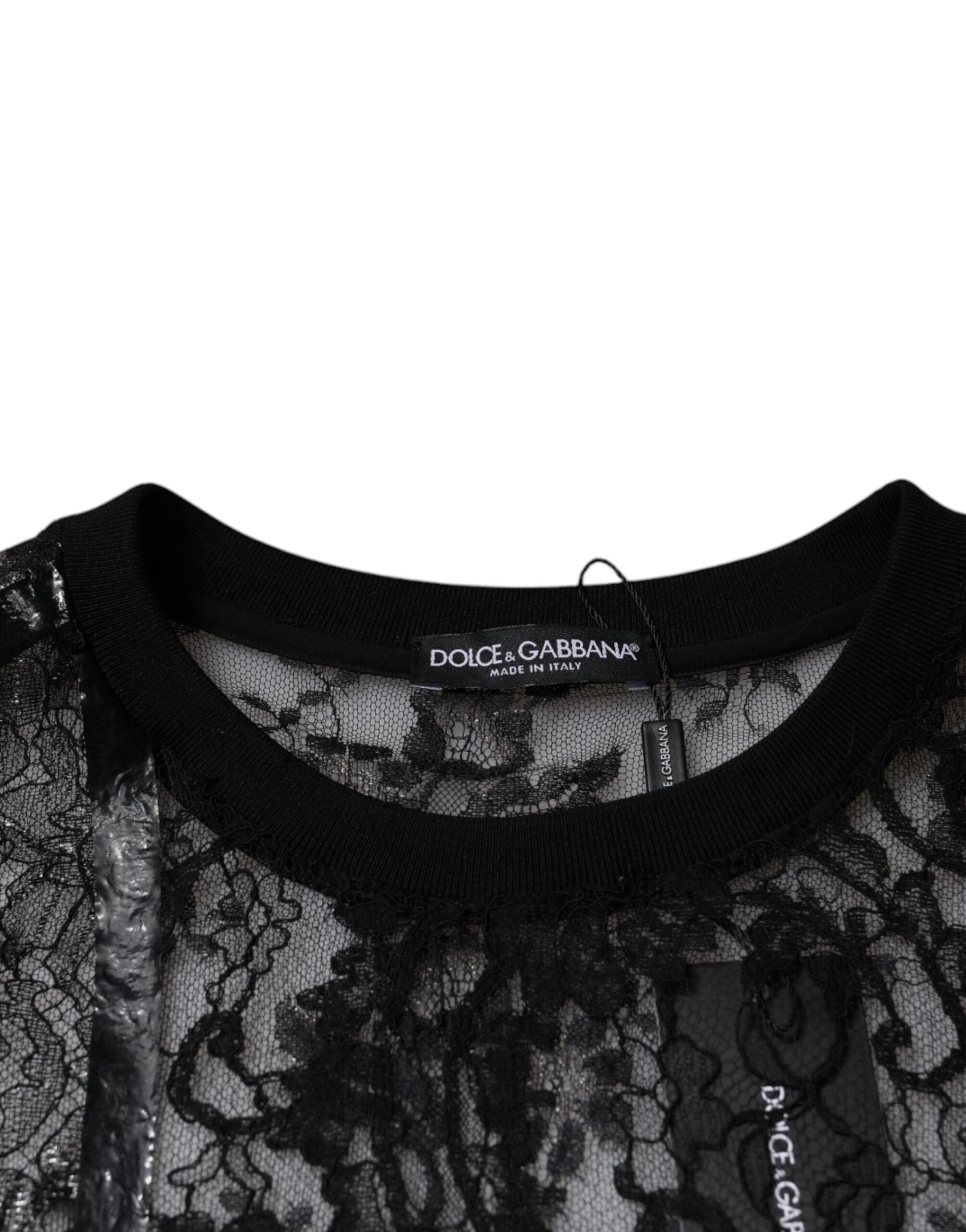 Dolce & Gabbana Black nylon T-shirt with floral lace and round neck-7