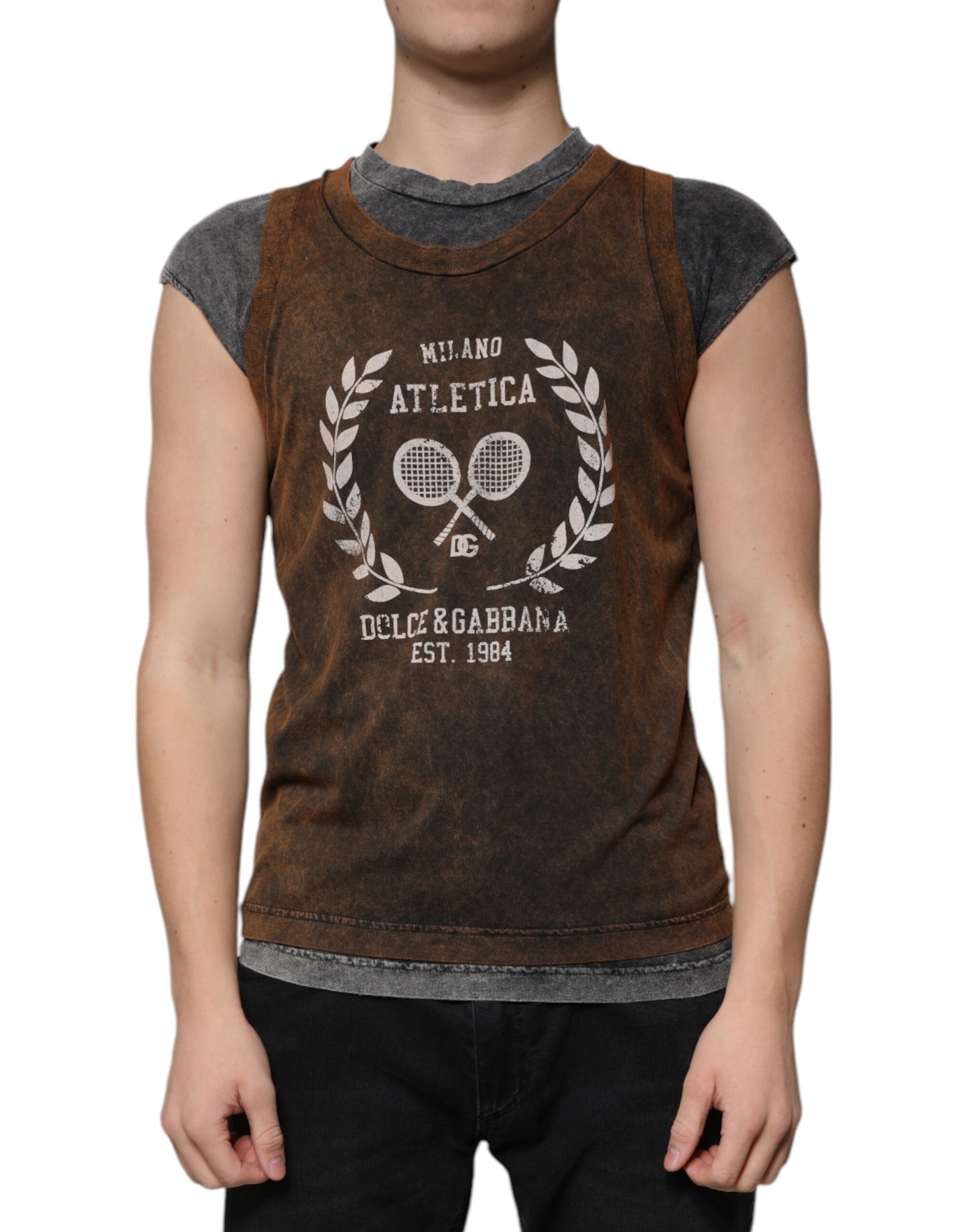 Dolce & Gabbana brown cotton T-shirt with round neck and no sleeves-1