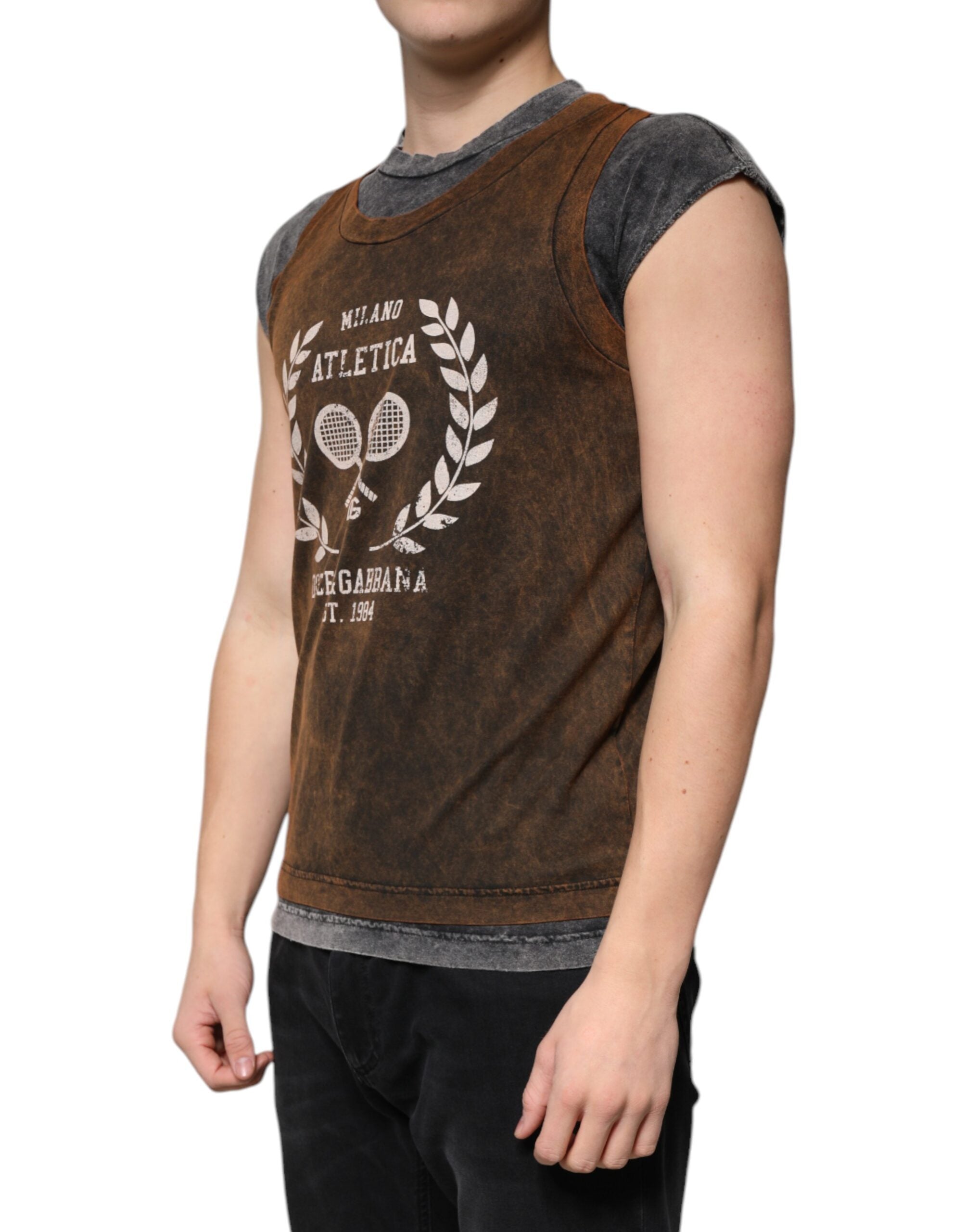 Dolce & Gabbana brown cotton T-shirt with round neck and no sleeves-3