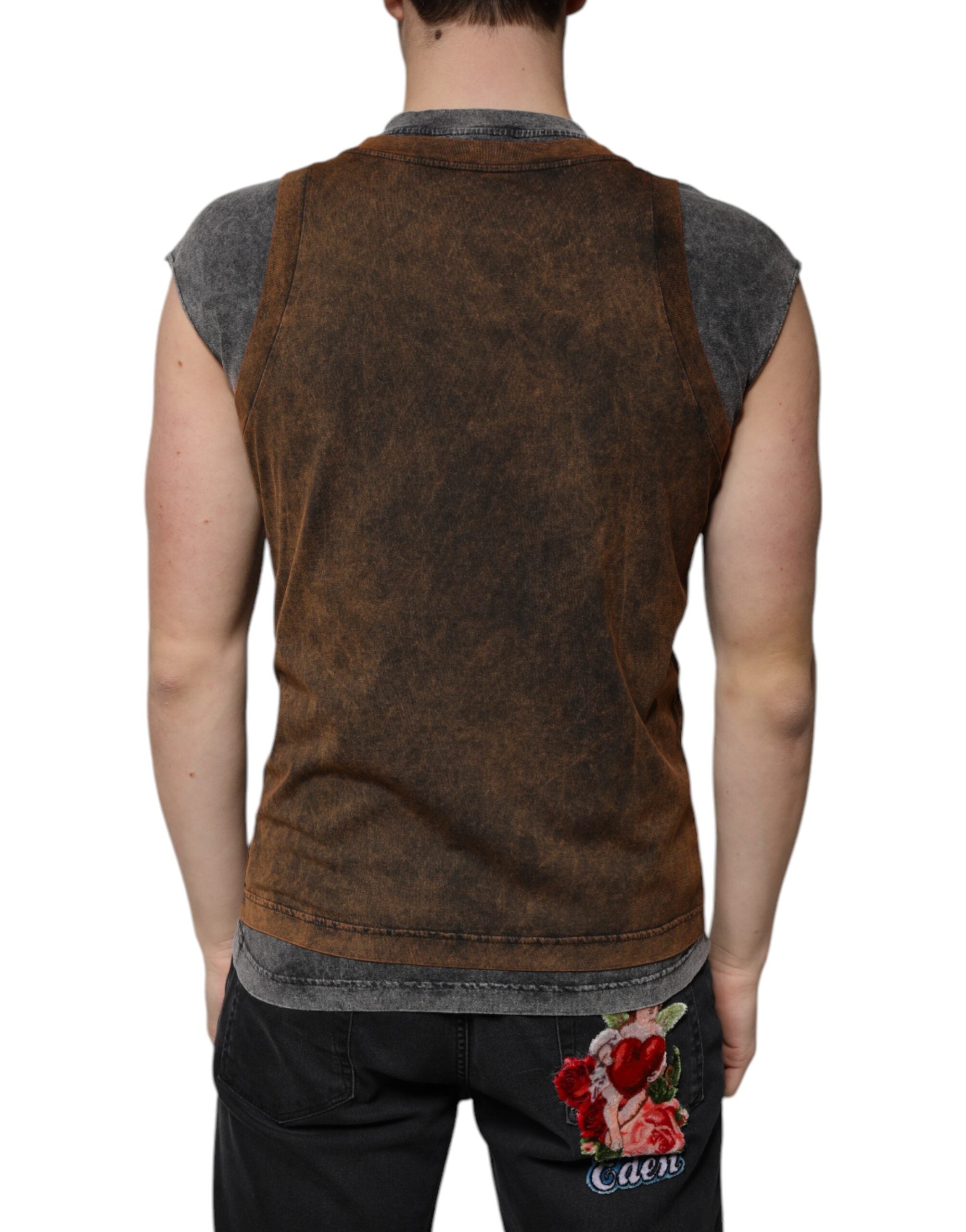 Dolce & Gabbana brown cotton T-shirt with round neck and no sleeves-4