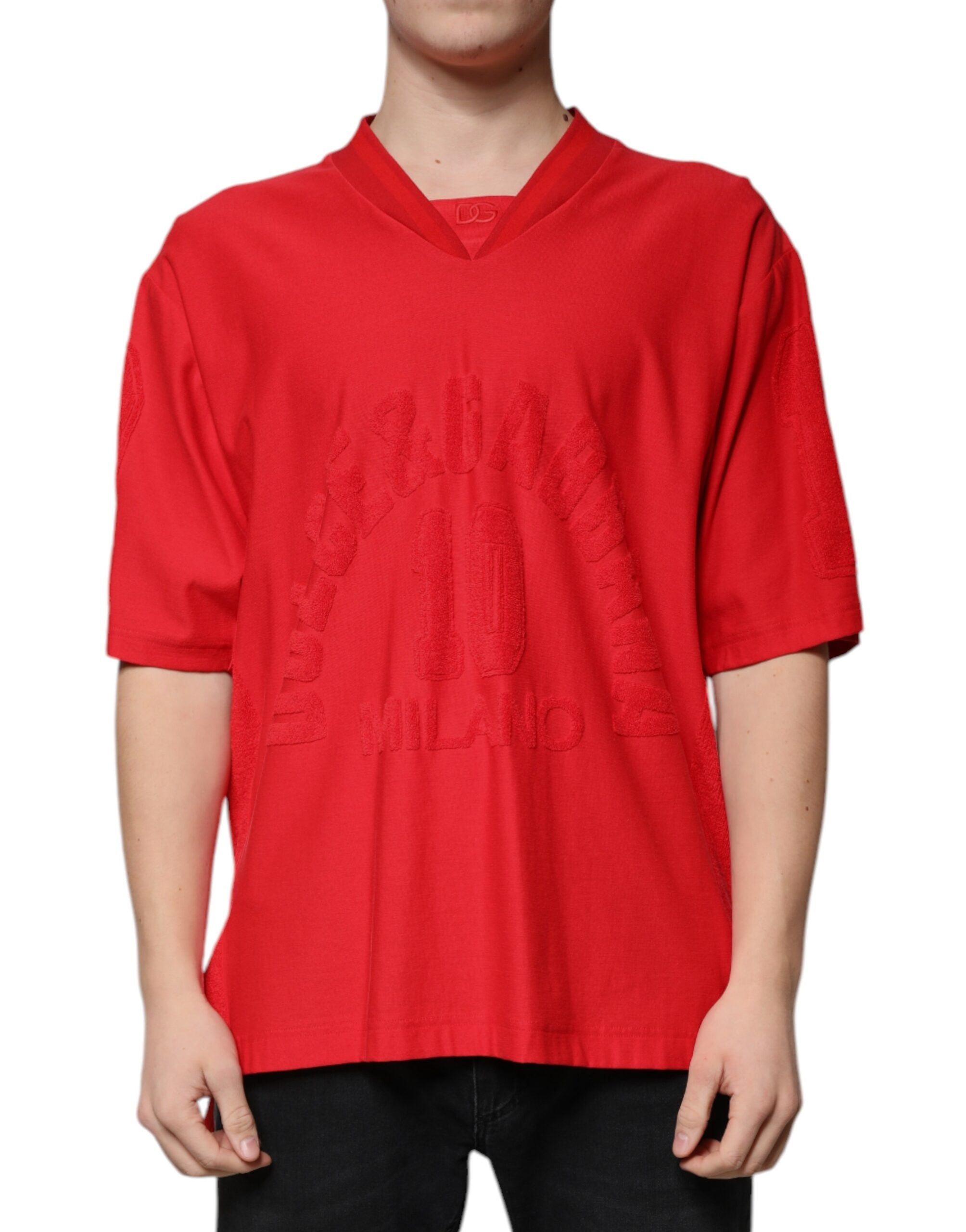 Dolce & Gabbana red cotton T-shirt with V-neck and short sleeves-2