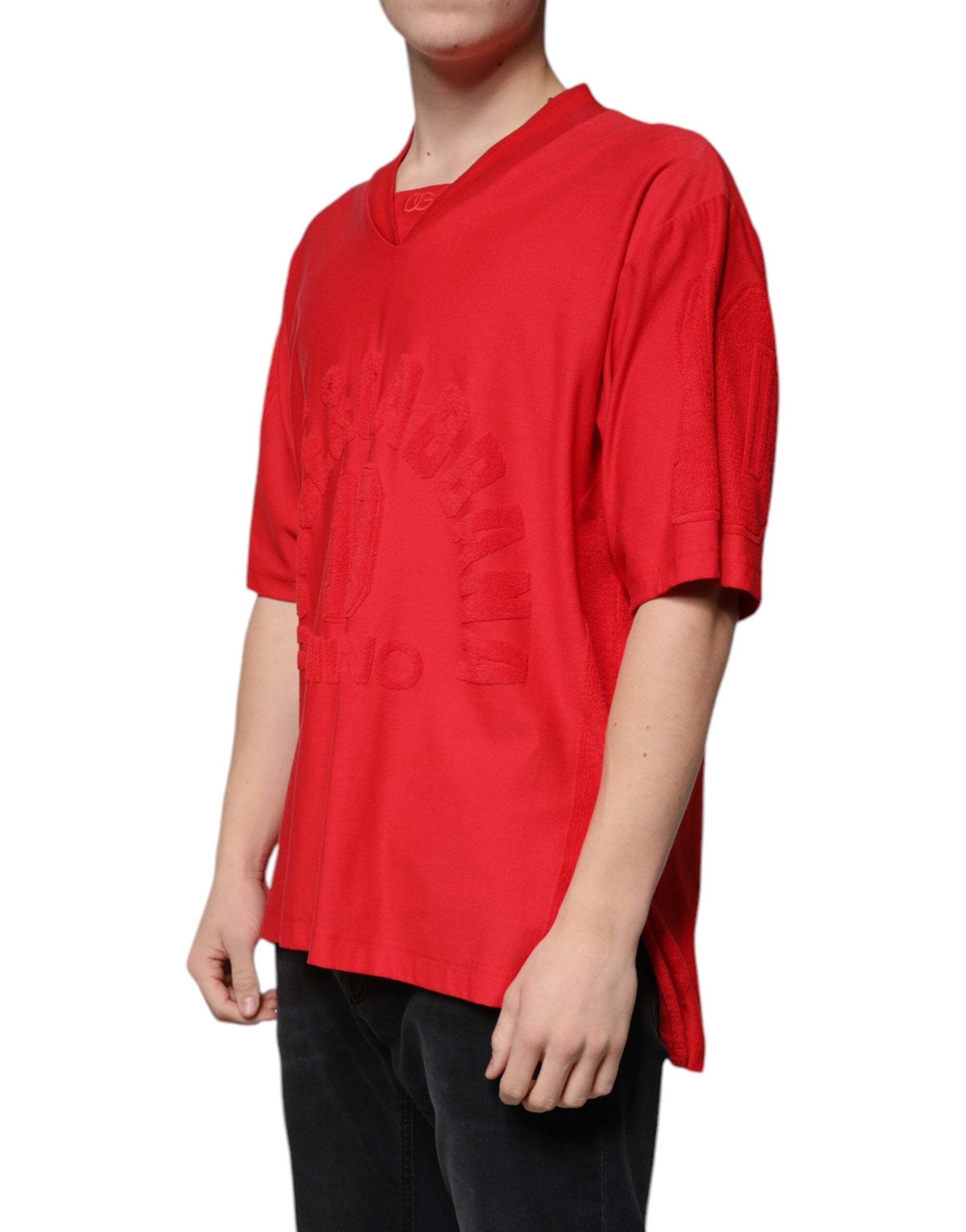 Dolce & Gabbana red cotton T-shirt with V-neck and short sleeves-3