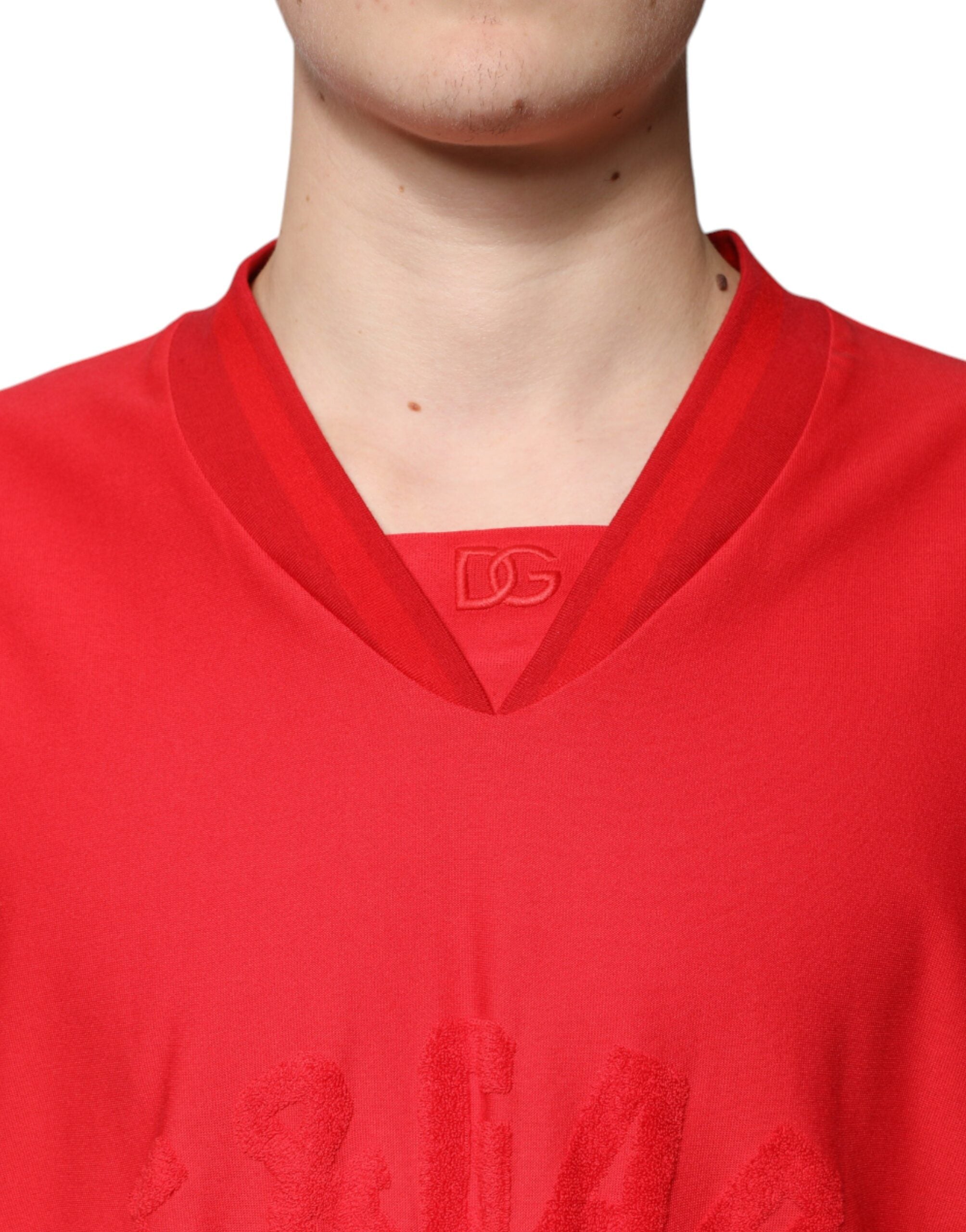 Dolce & Gabbana red cotton T-shirt with V-neck and short sleeves-5