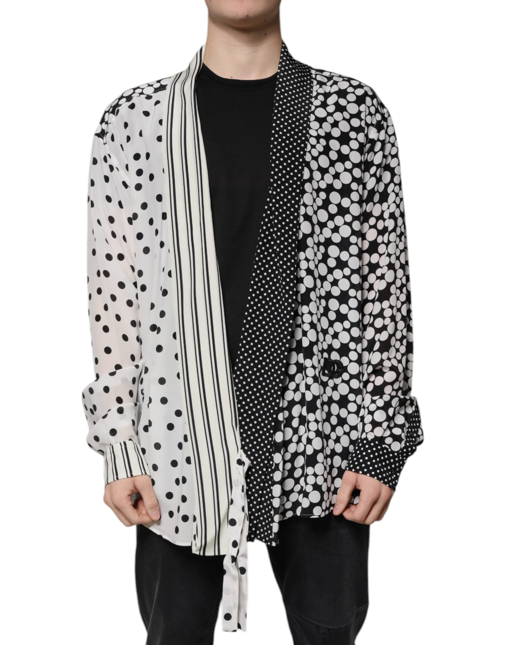 Dolce & Gabbana Schwarz Weiß Polka Dots Seide Männer Freizeithemd-1