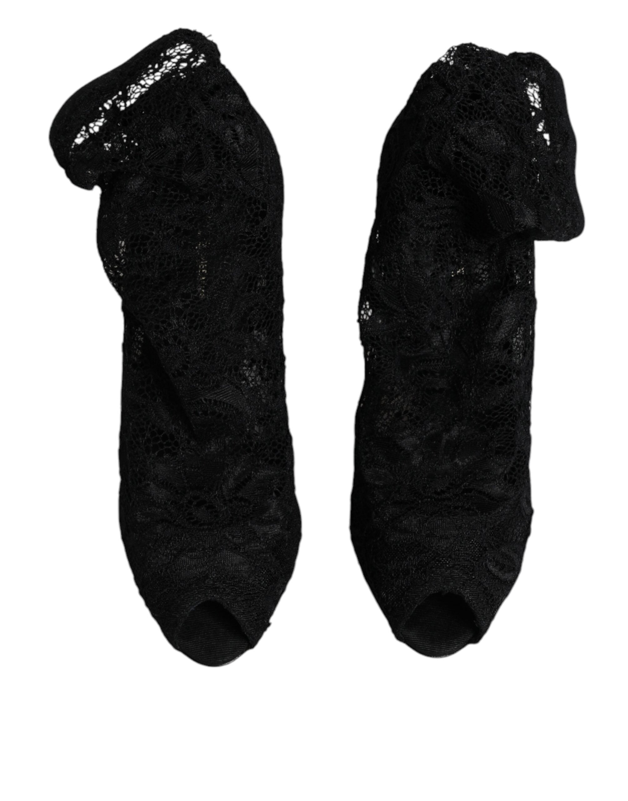 Dolce & Gabbana Black Lace Stretch Heels Mid Calf Boots Shoes-3