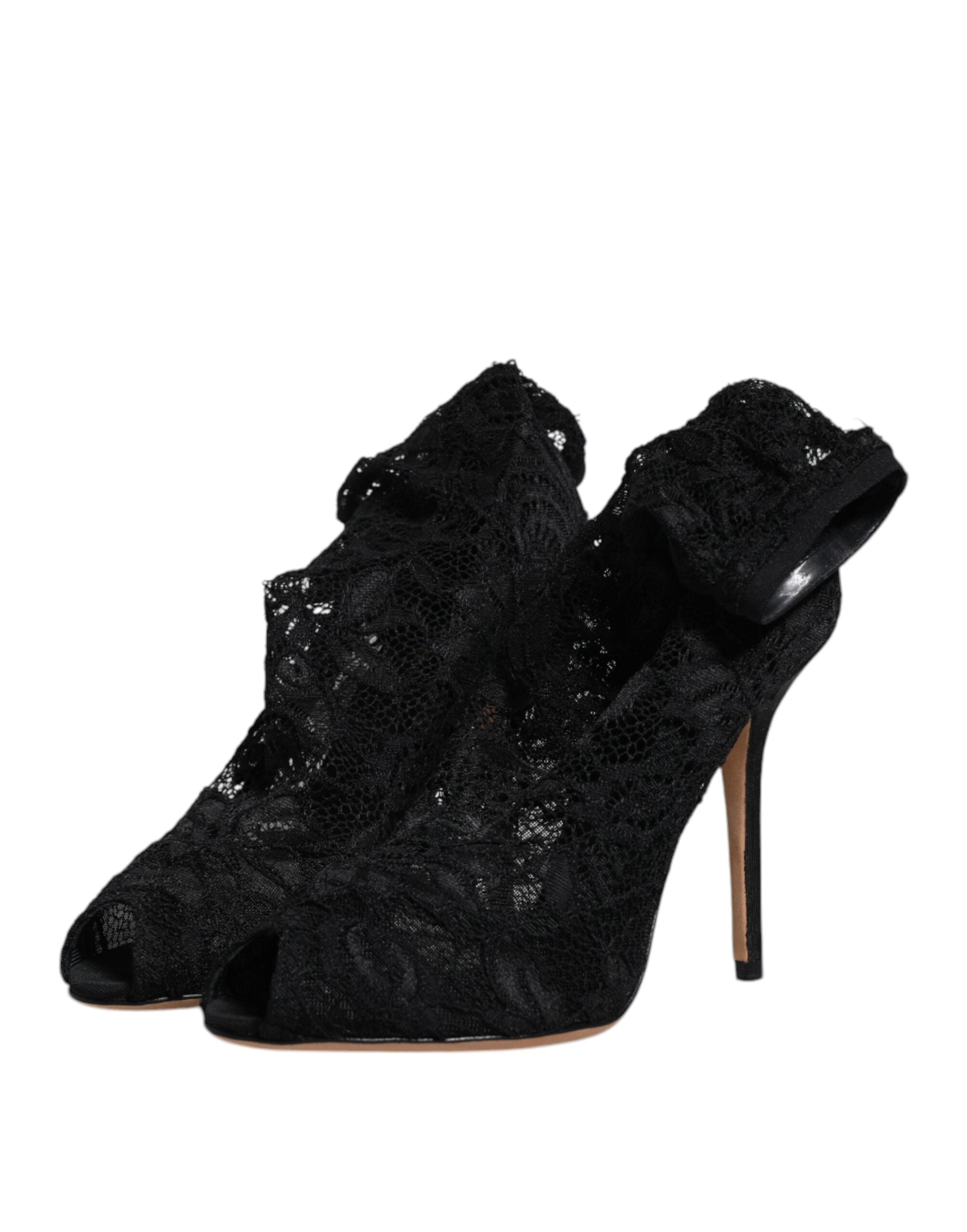 Dolce & Gabbana Black Lace Stretch Heels Mid Calf Boots Shoes-4