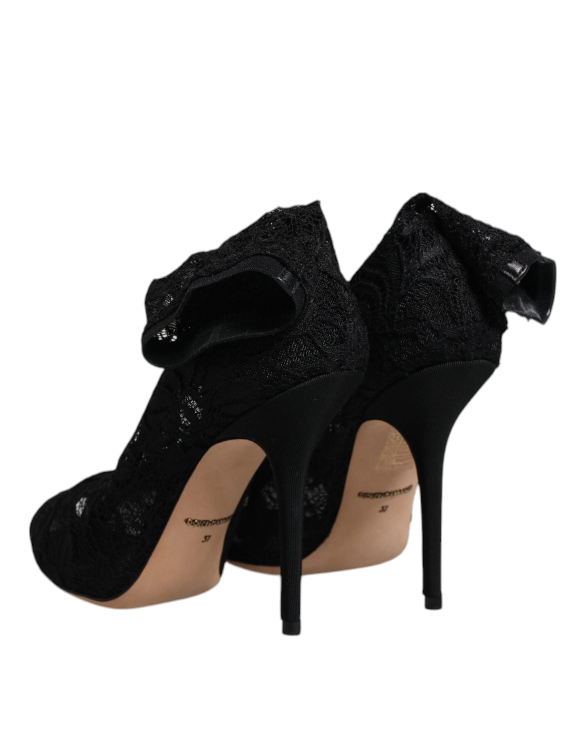 Dolce & Gabbana Black Lace Stretch Heels Mid Calf Boots Shoes-5