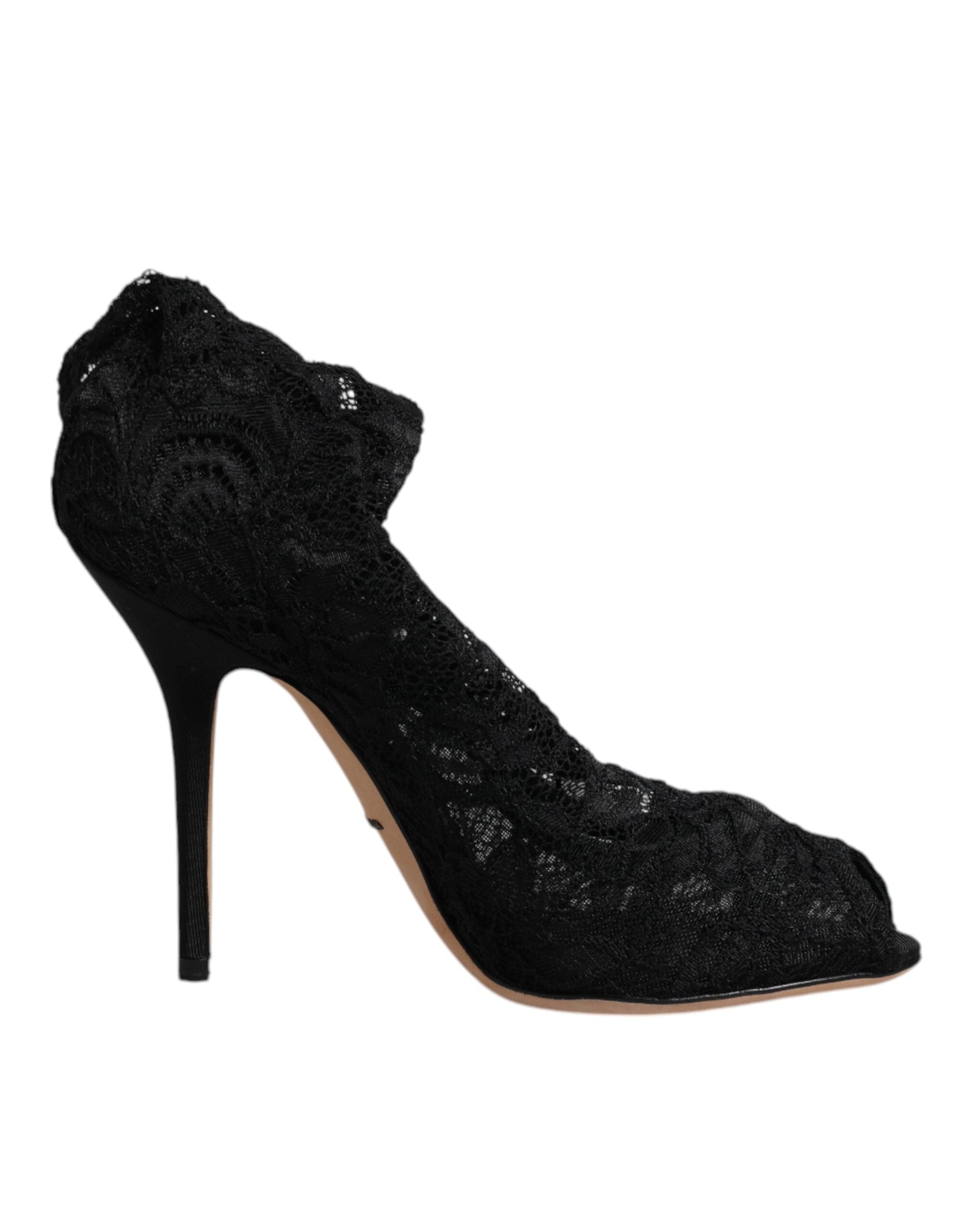 Dolce & Gabbana Black Lace Stretch Heels Mid Calf Boots Shoes-7