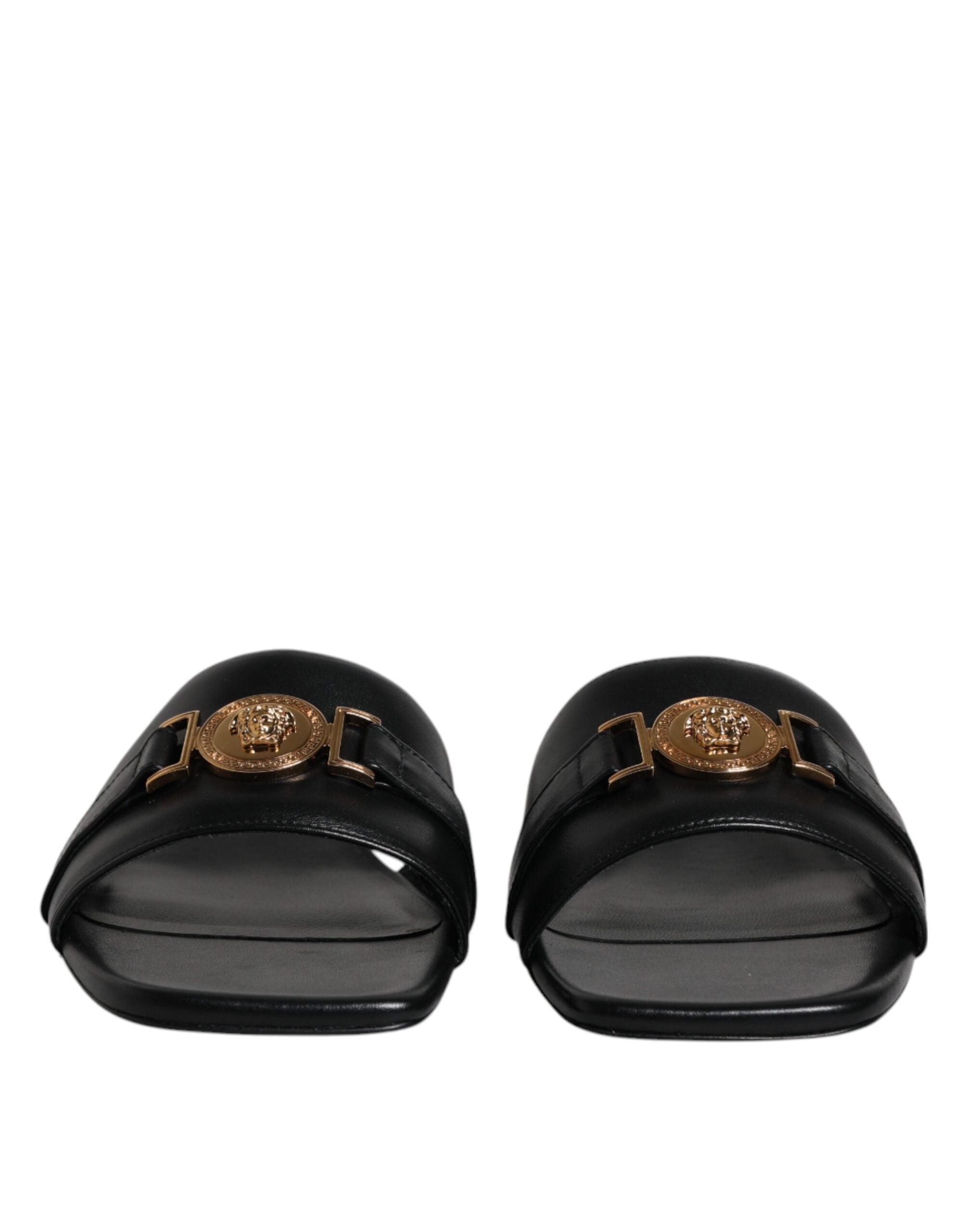 Versace Schwarz Leder Logo Plaque Slip On Slides Flats Schuhe-2