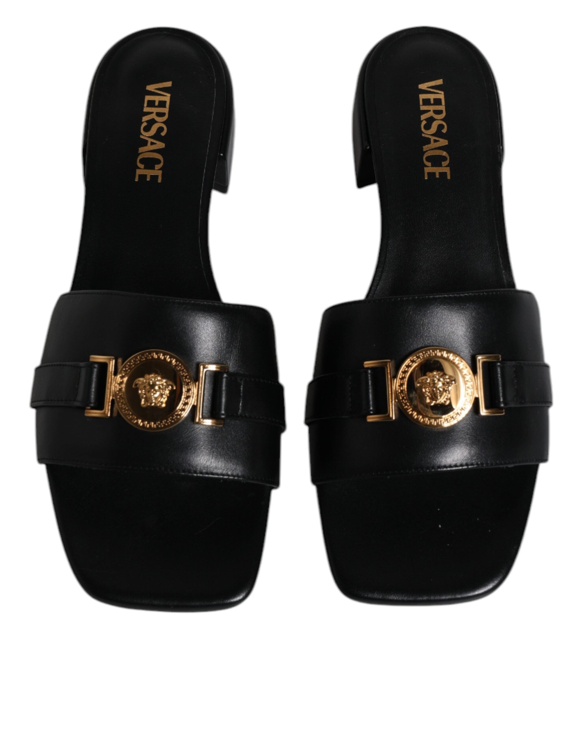 Versace Schwarz Leder Logo Plaque Slip On Slides Flats Schuhe-3