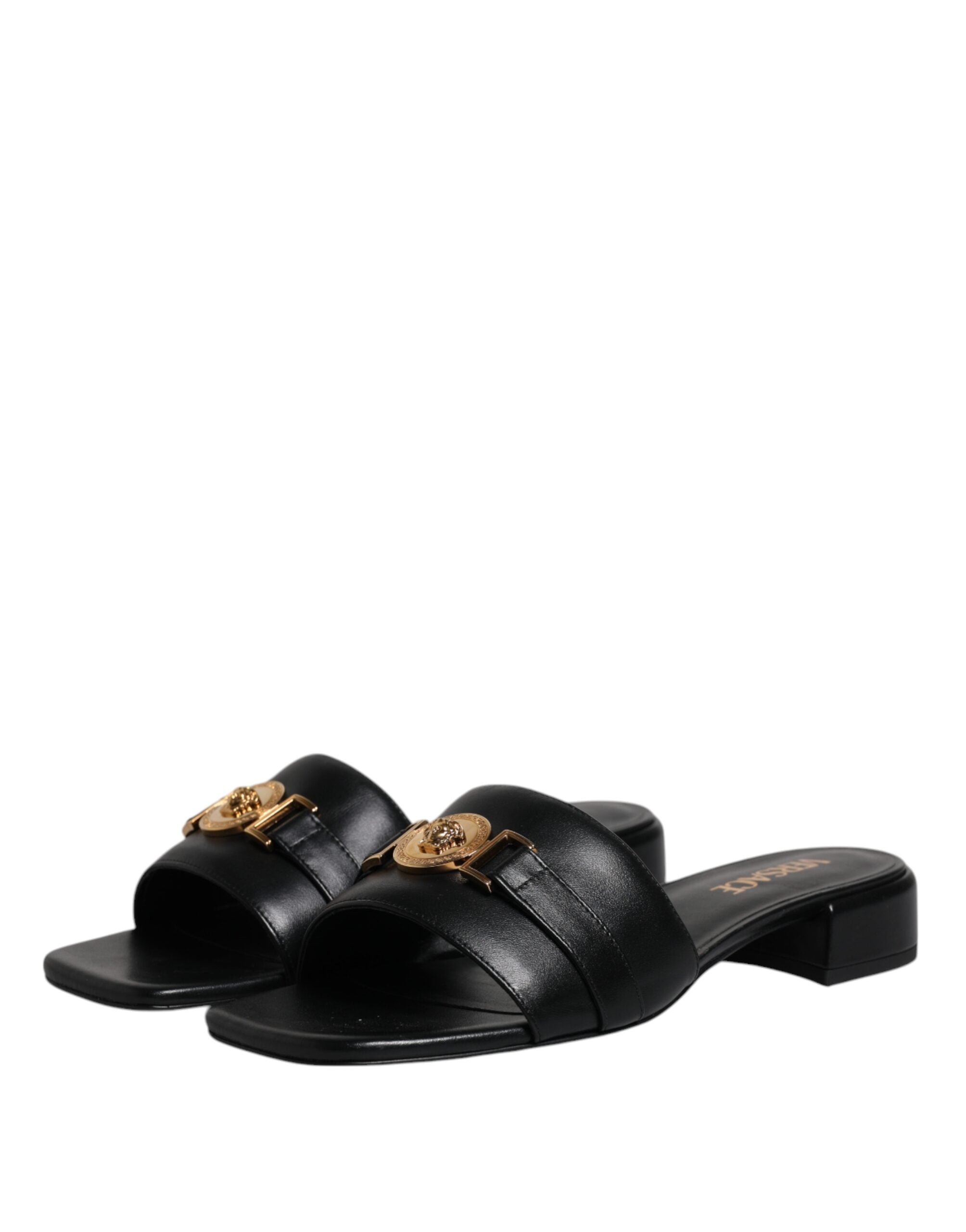 Versace Schwarz Leder Logo Plaque Slip On Slides Flats Schuhe-4