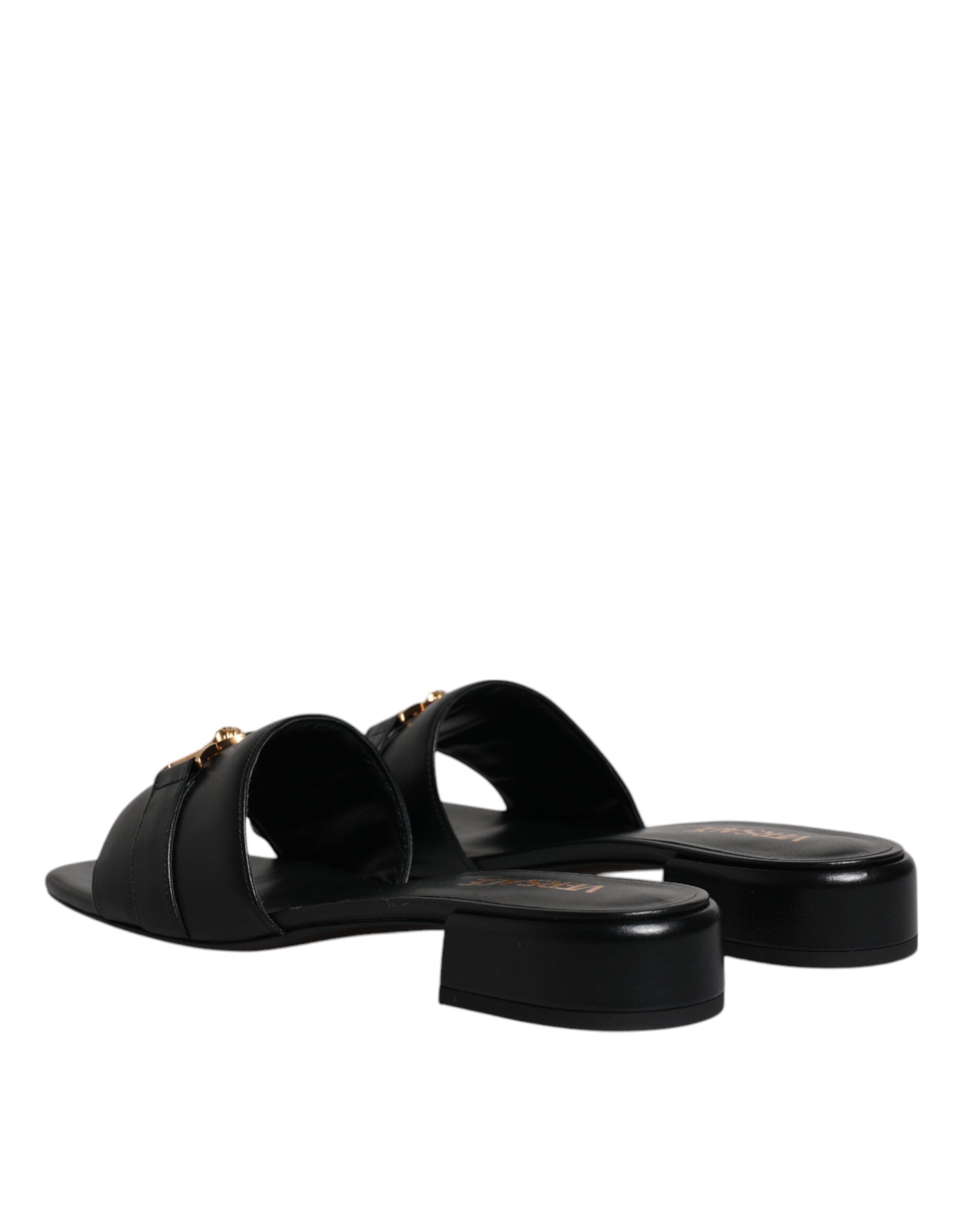Versace Schwarz Leder Logo Plaque Slip On Slides Flats Schuhe-5