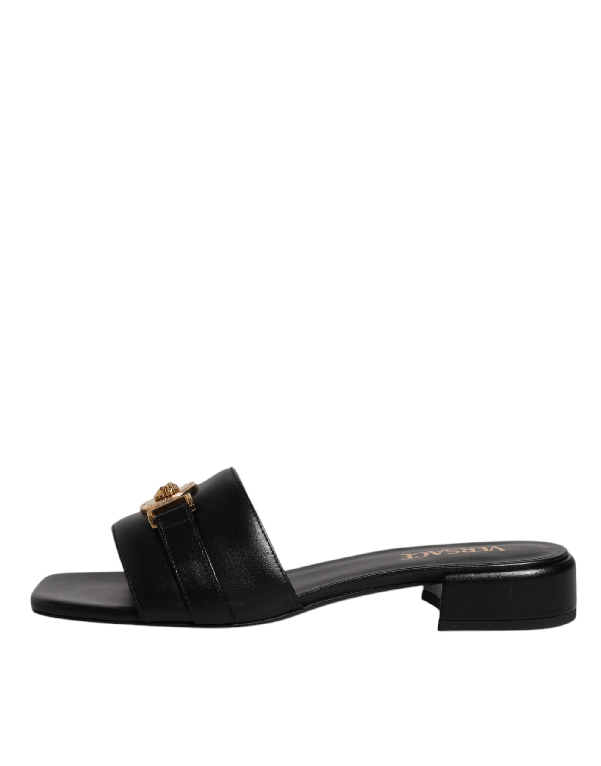 Versace Schwarz Leder Logo Plaque Slip On Slides Flats Schuhe-6