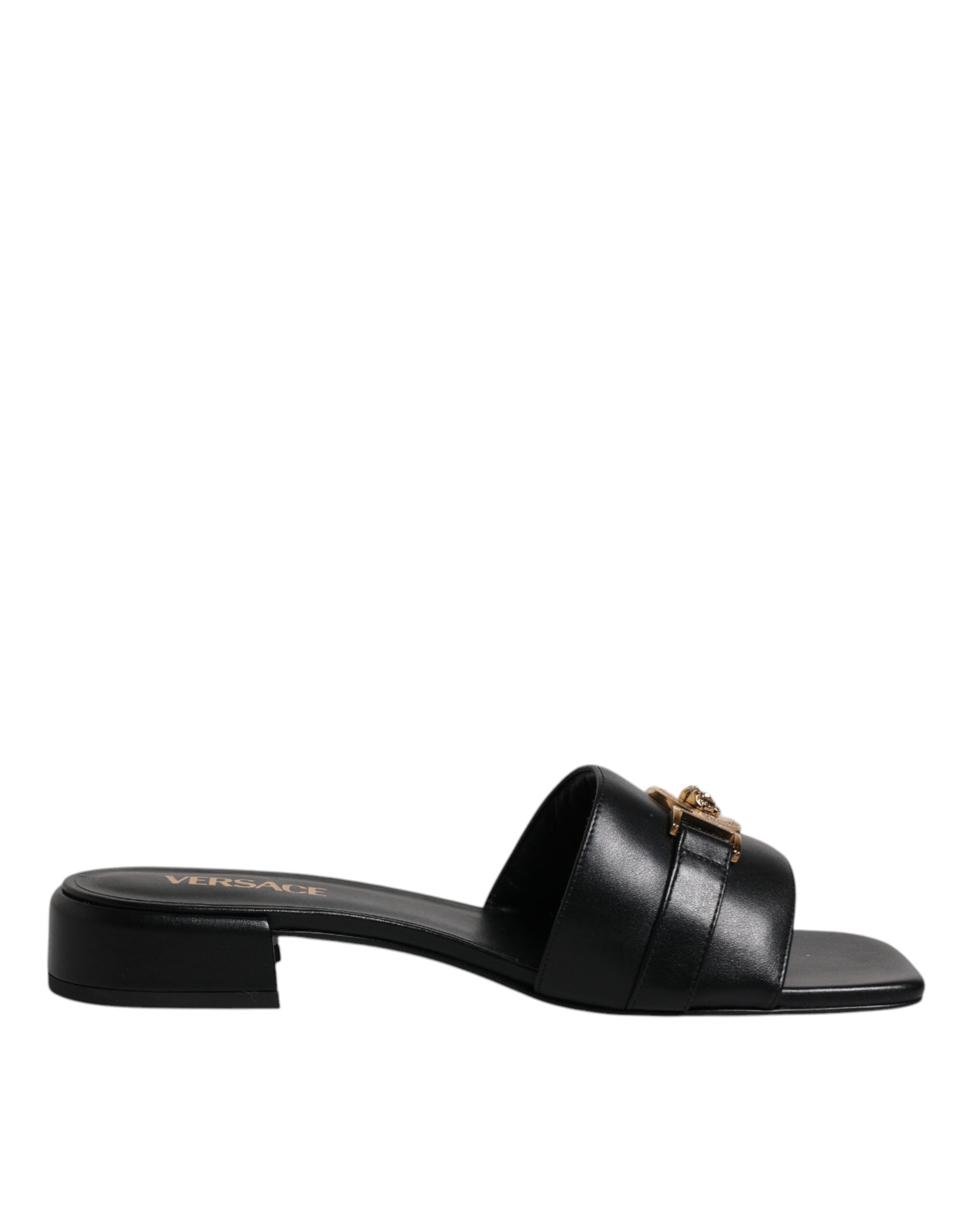 Versace Schwarz Leder Logo Plaque Slip On Slides Flats Schuhe-7