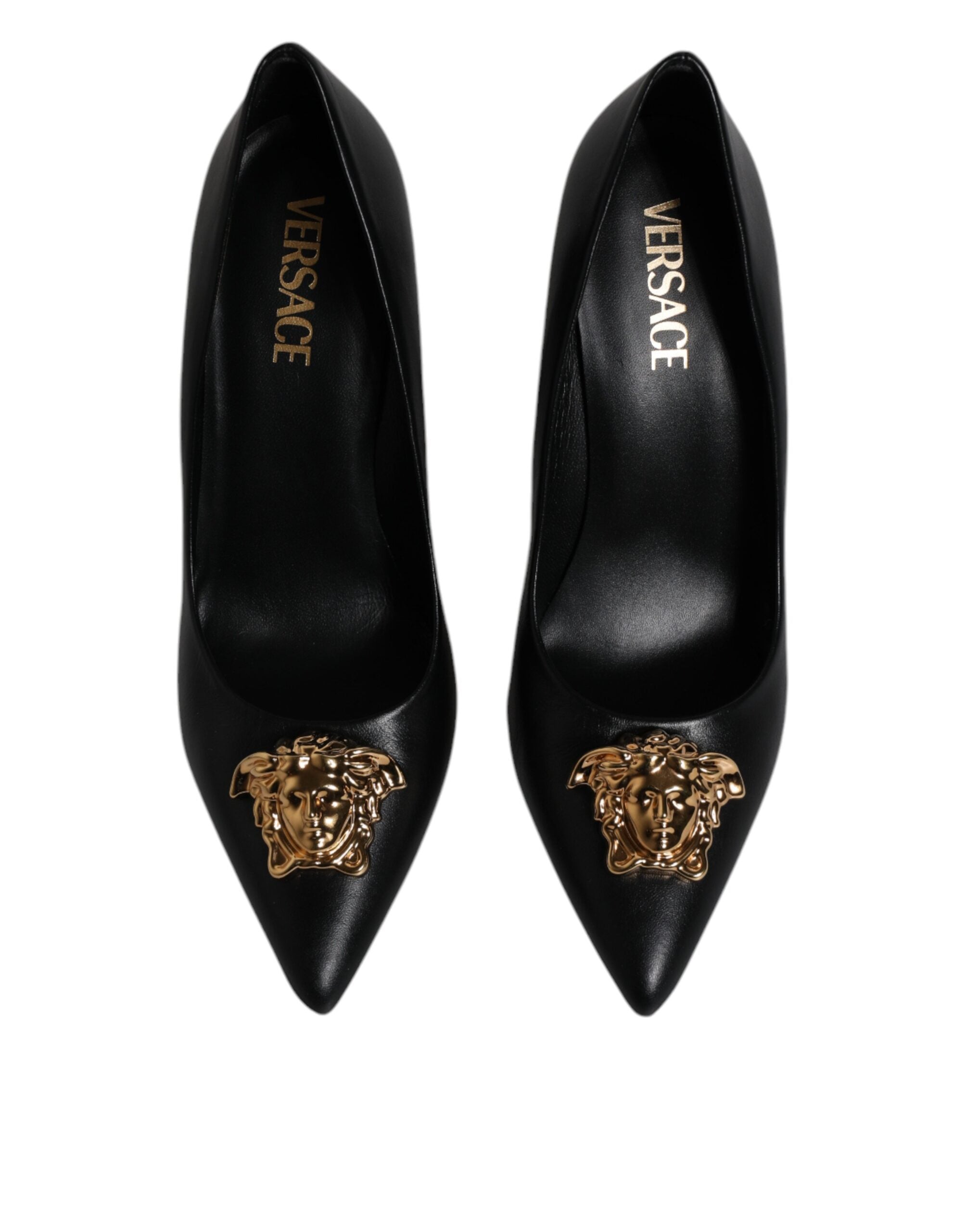 Versace Schwarz Leder Logo Plaque High Heels Pumps Schuhe-3