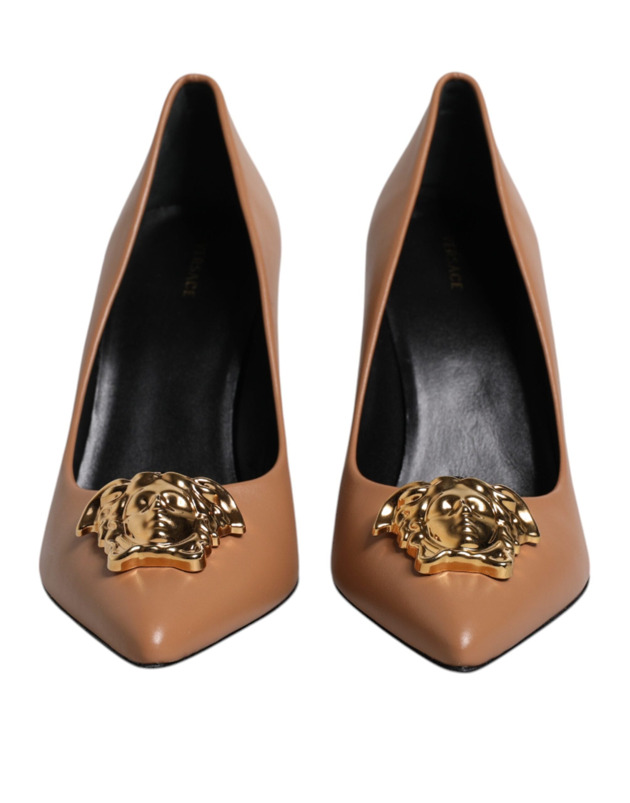 Versace Braun Leder Logo Plaque High Heels Pumps Schuhe-2