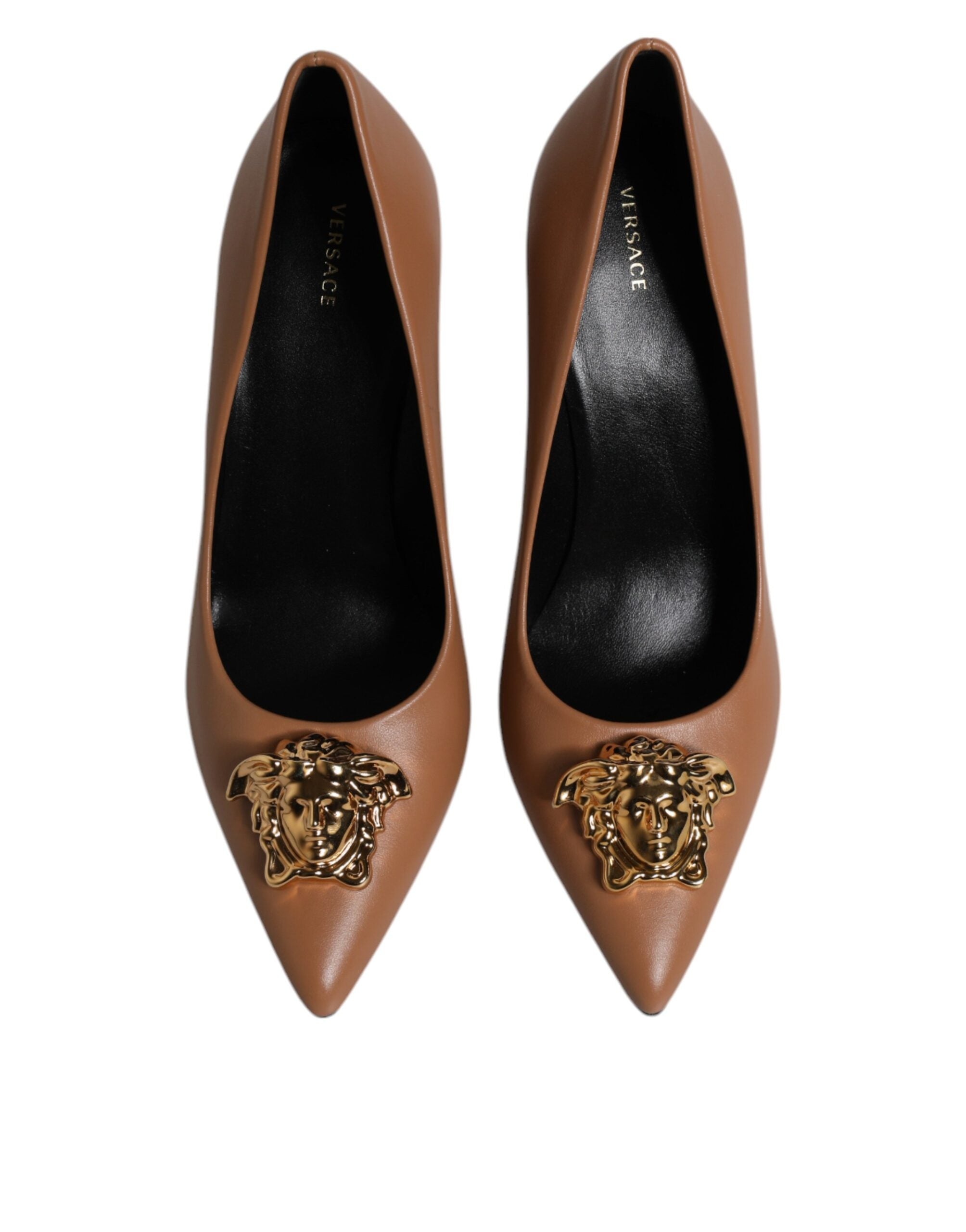 Versace Braun Leder Logo Plaque High Heels Pumps Schuhe-3
