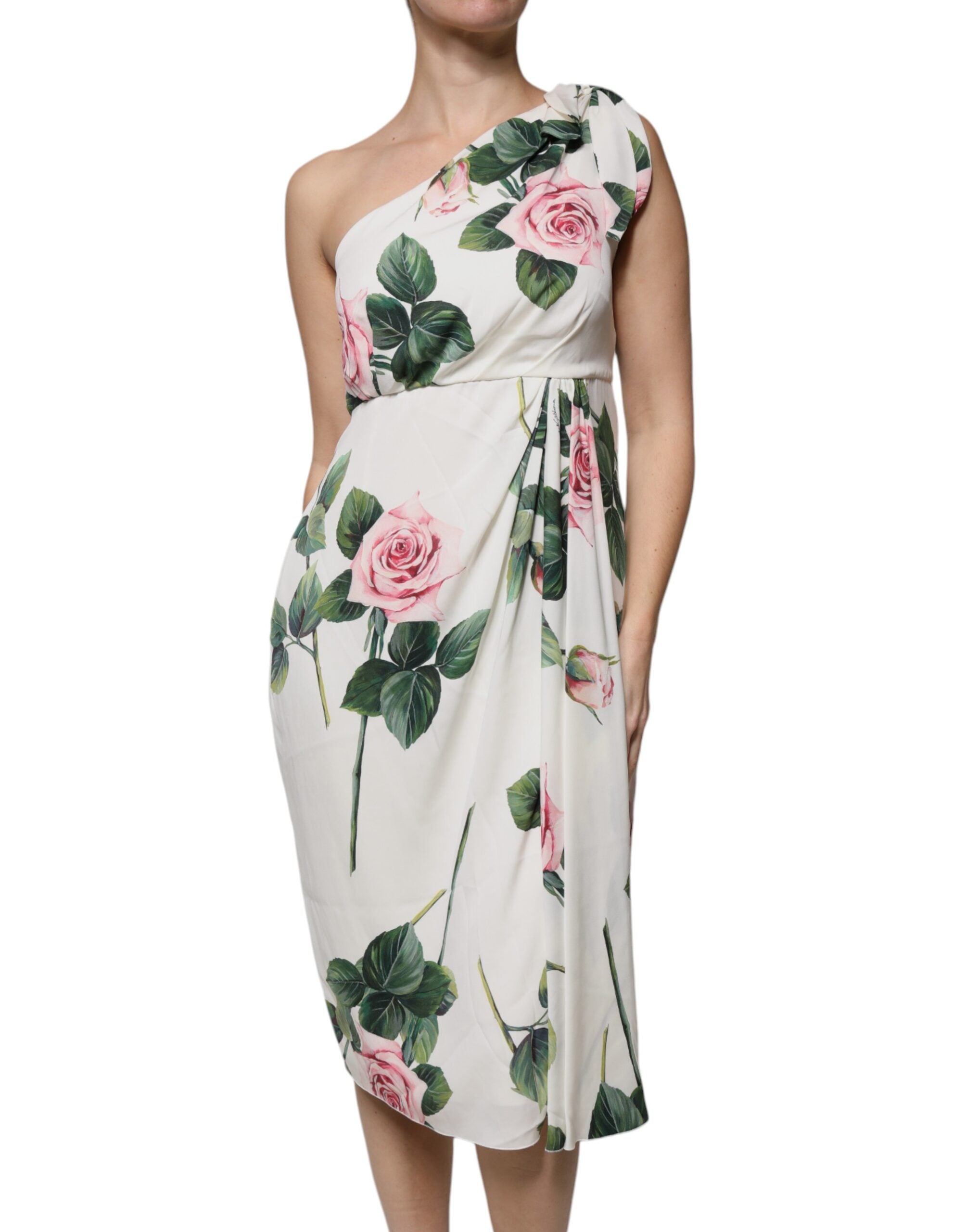 Dolce & Gabbana White floral silk midi dress with one shoulder-2