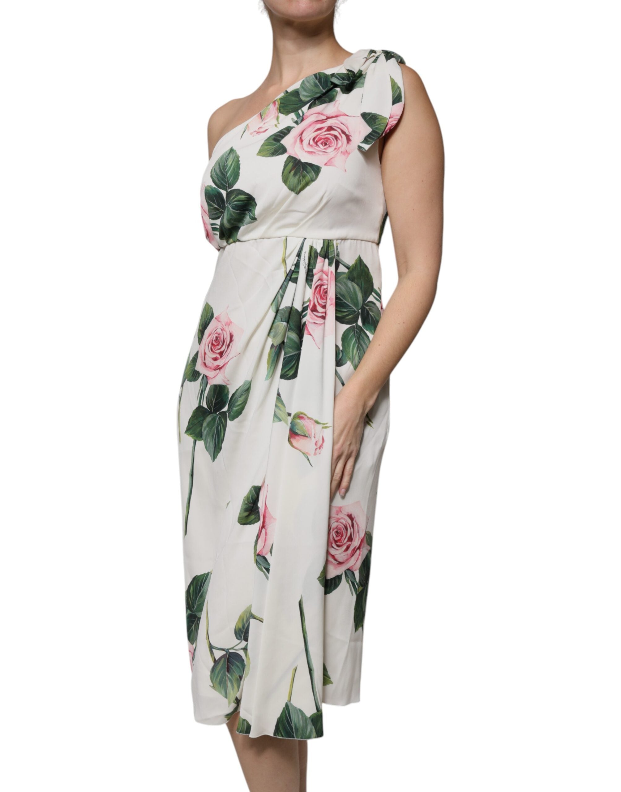 Dolce & Gabbana White floral silk midi dress with one shoulder-3