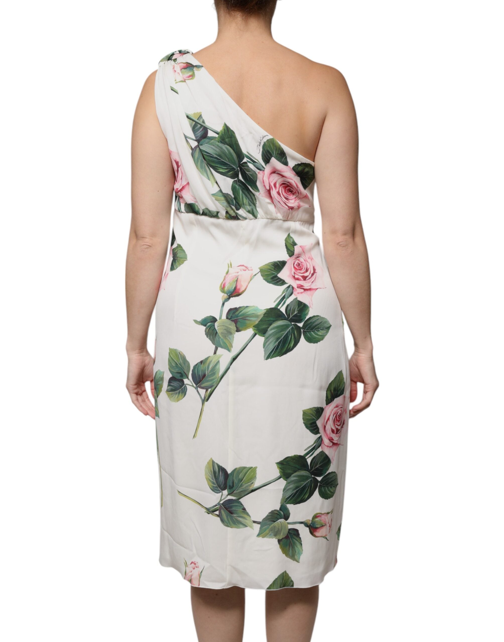 Dolce & Gabbana White floral silk midi dress with one shoulder-4