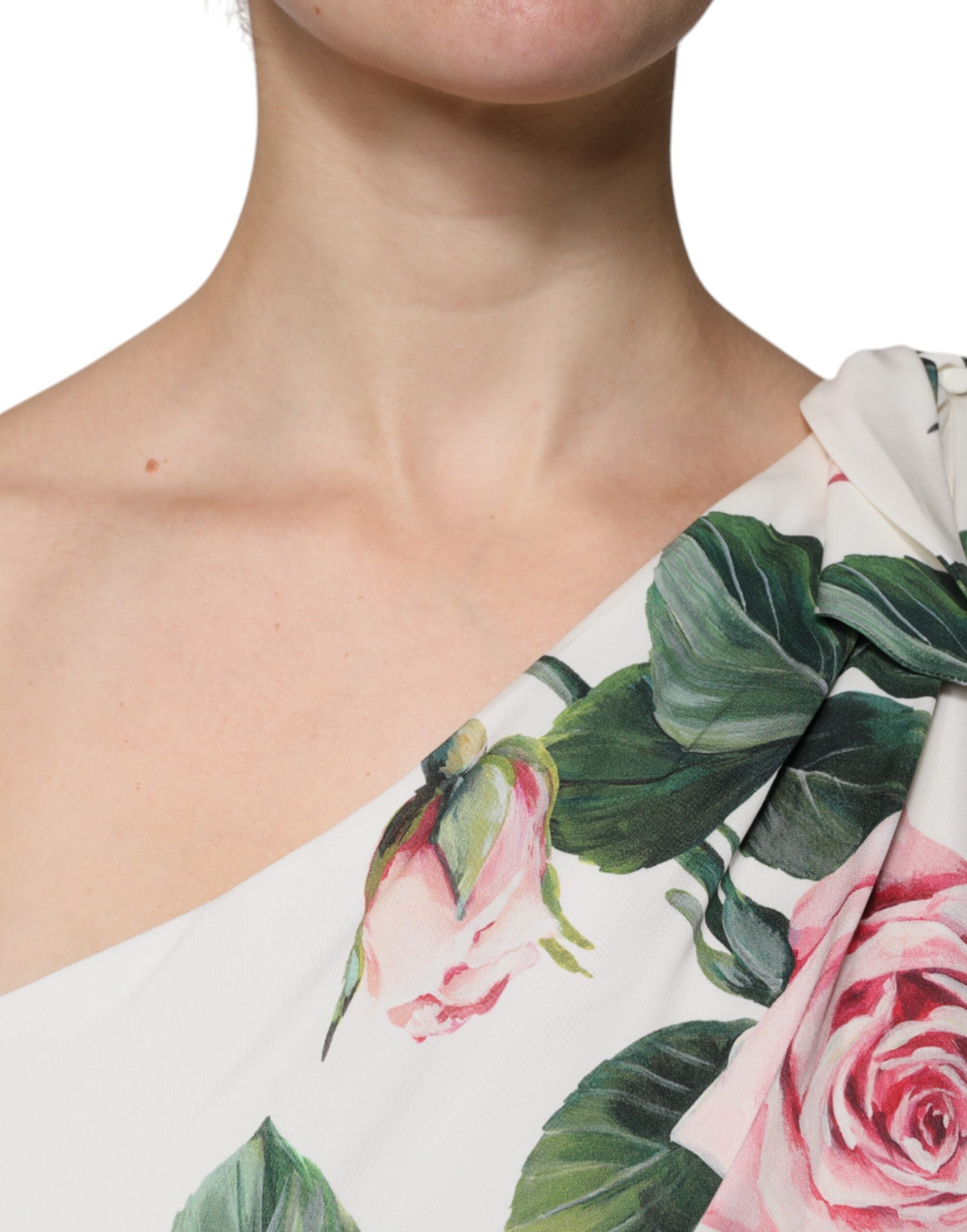 Dolce & Gabbana White floral silk midi dress with one shoulder-5