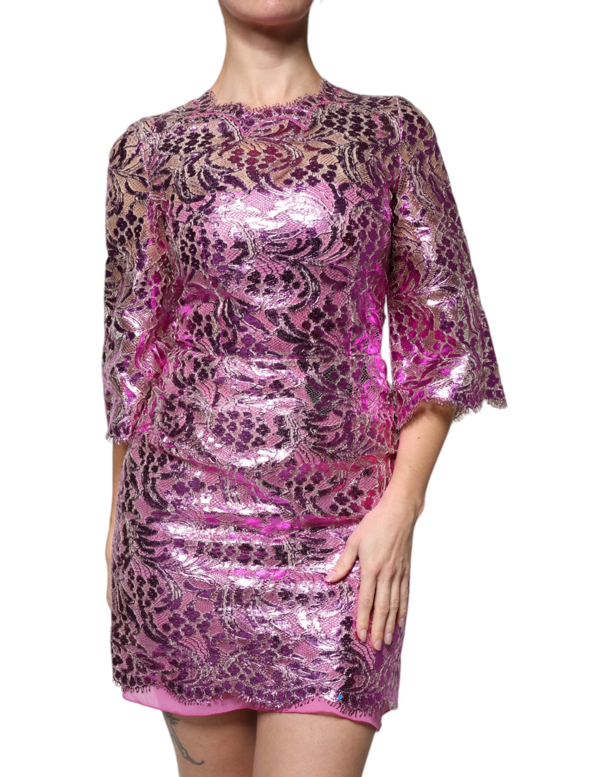 Dolce & Gabbana Fuchsiafarbenes Metallic-Mini-Kleid mit Blumenmuster-2