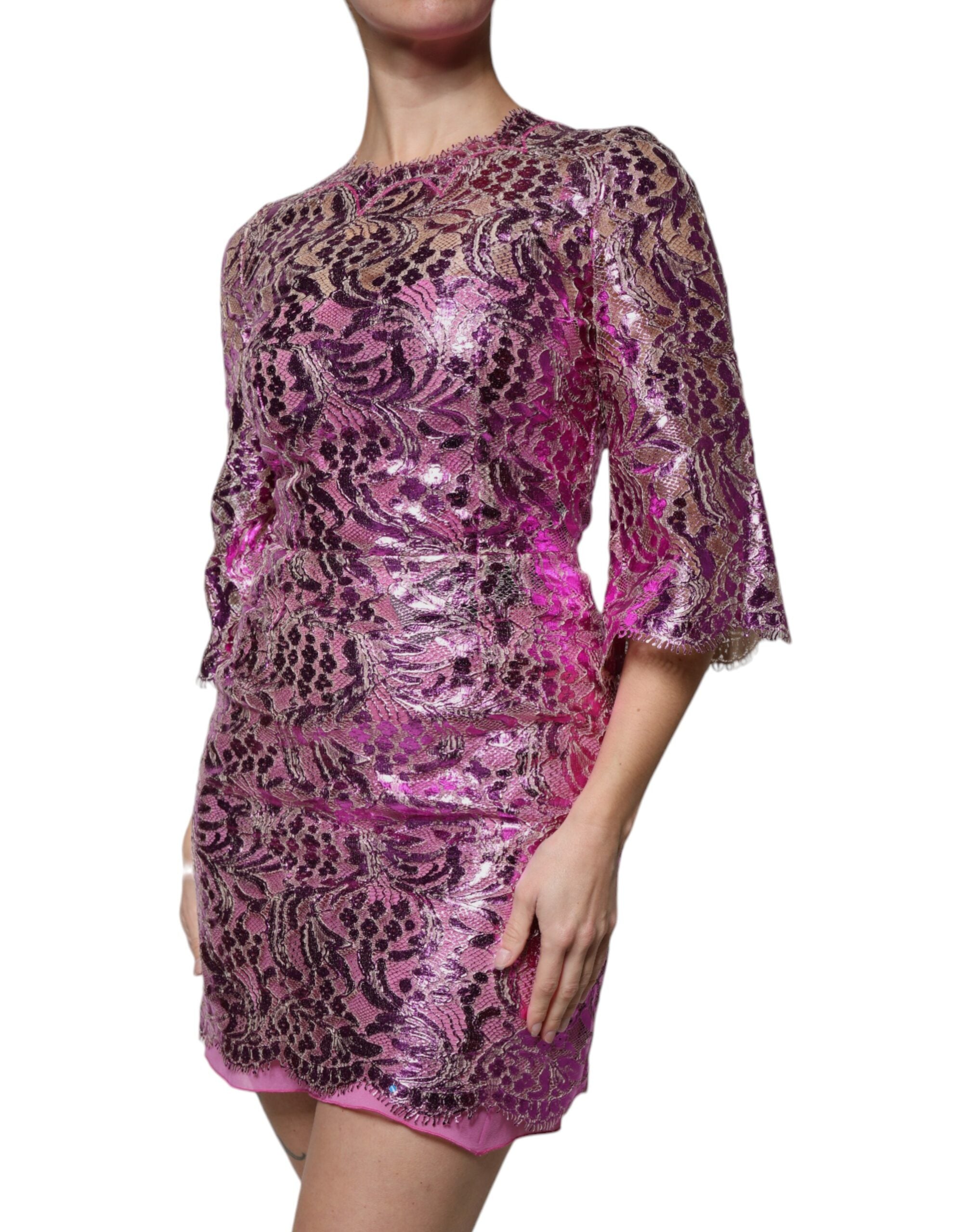 Dolce & Gabbana Fuchsiafarbenes Metallic-Mini-Kleid mit Blumenmuster-3