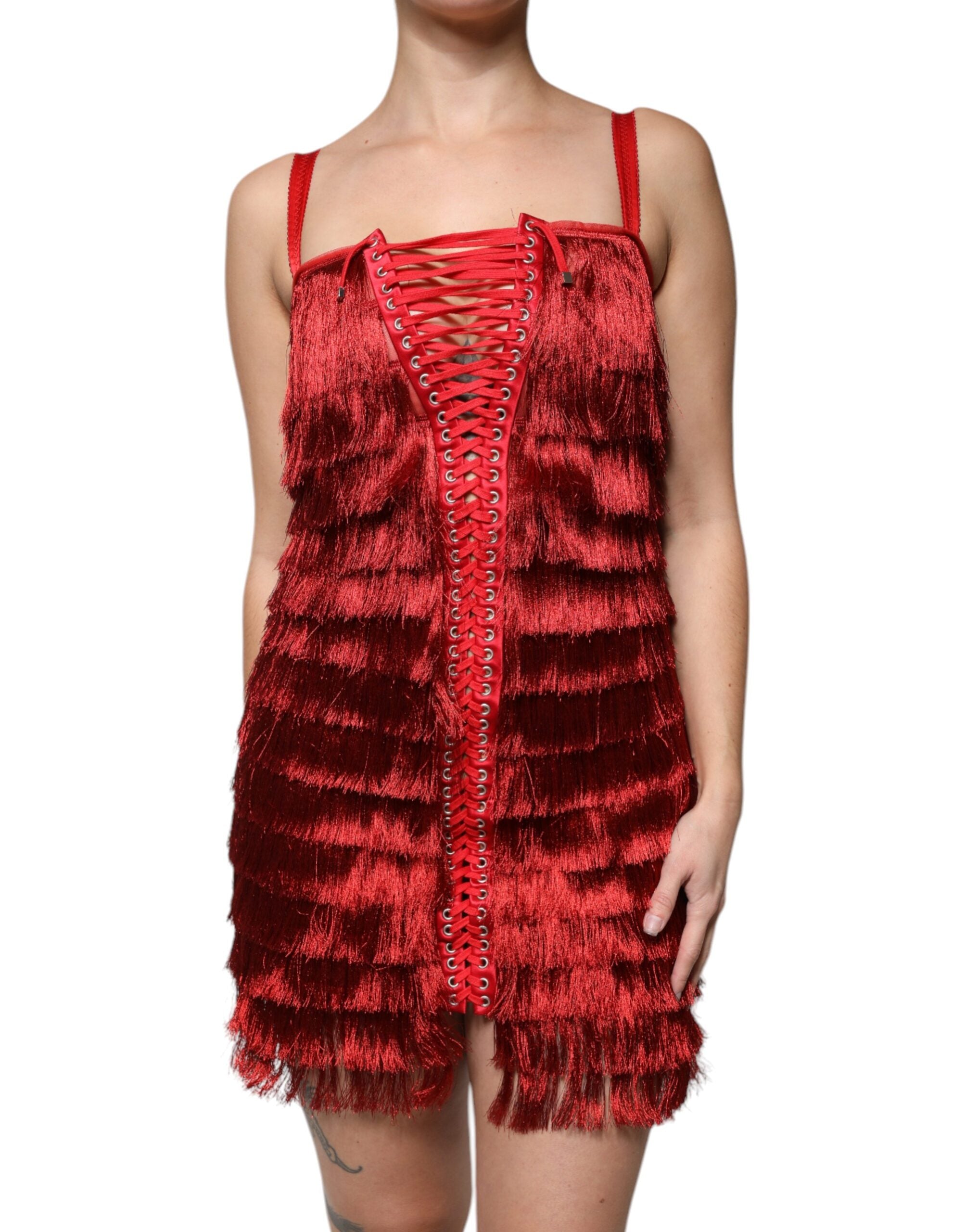 Dolce & Gabbana Red sleeveless sheath dress with lace and tassels-2