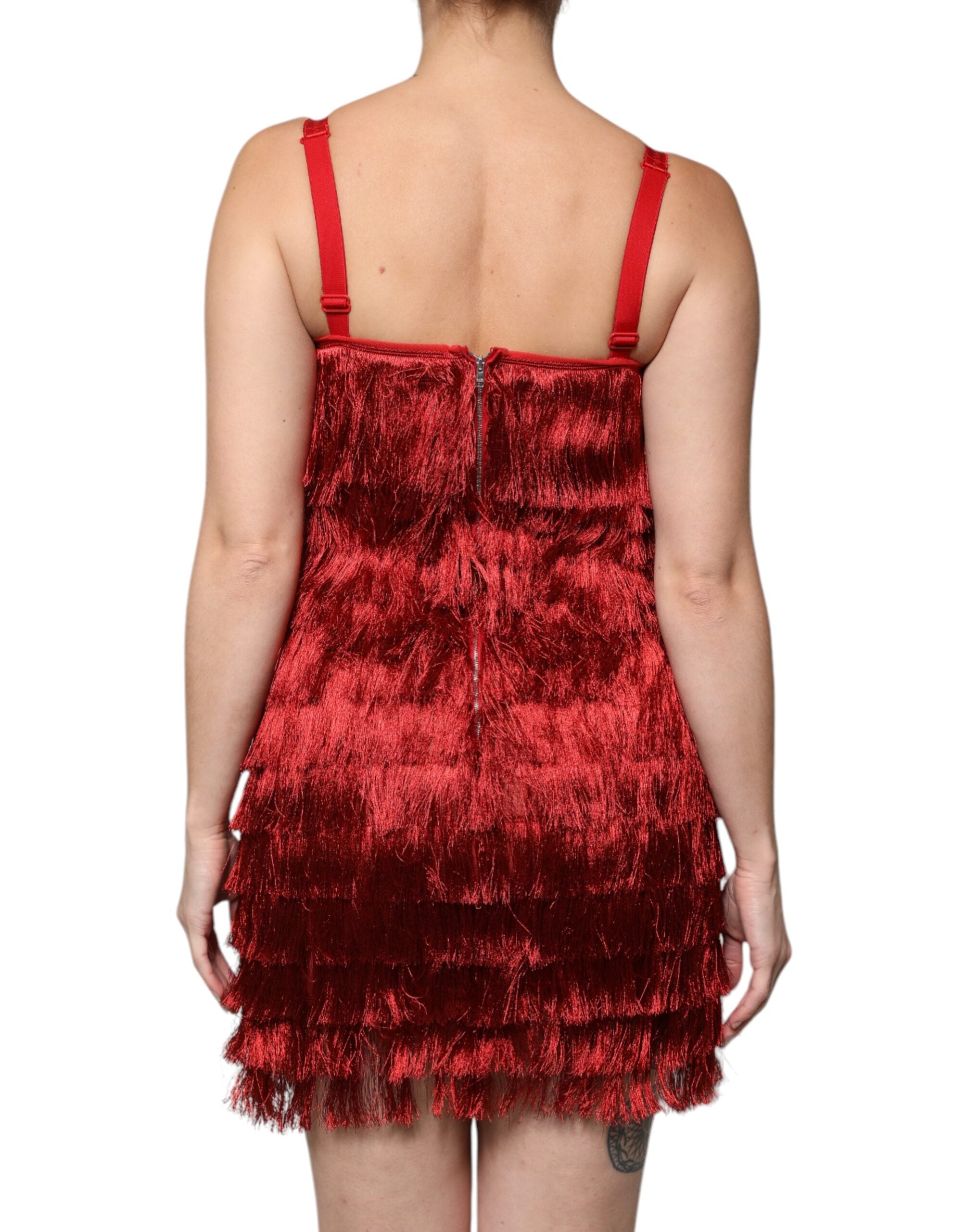 Dolce & Gabbana Red sleeveless sheath dress with lace and tassels-4