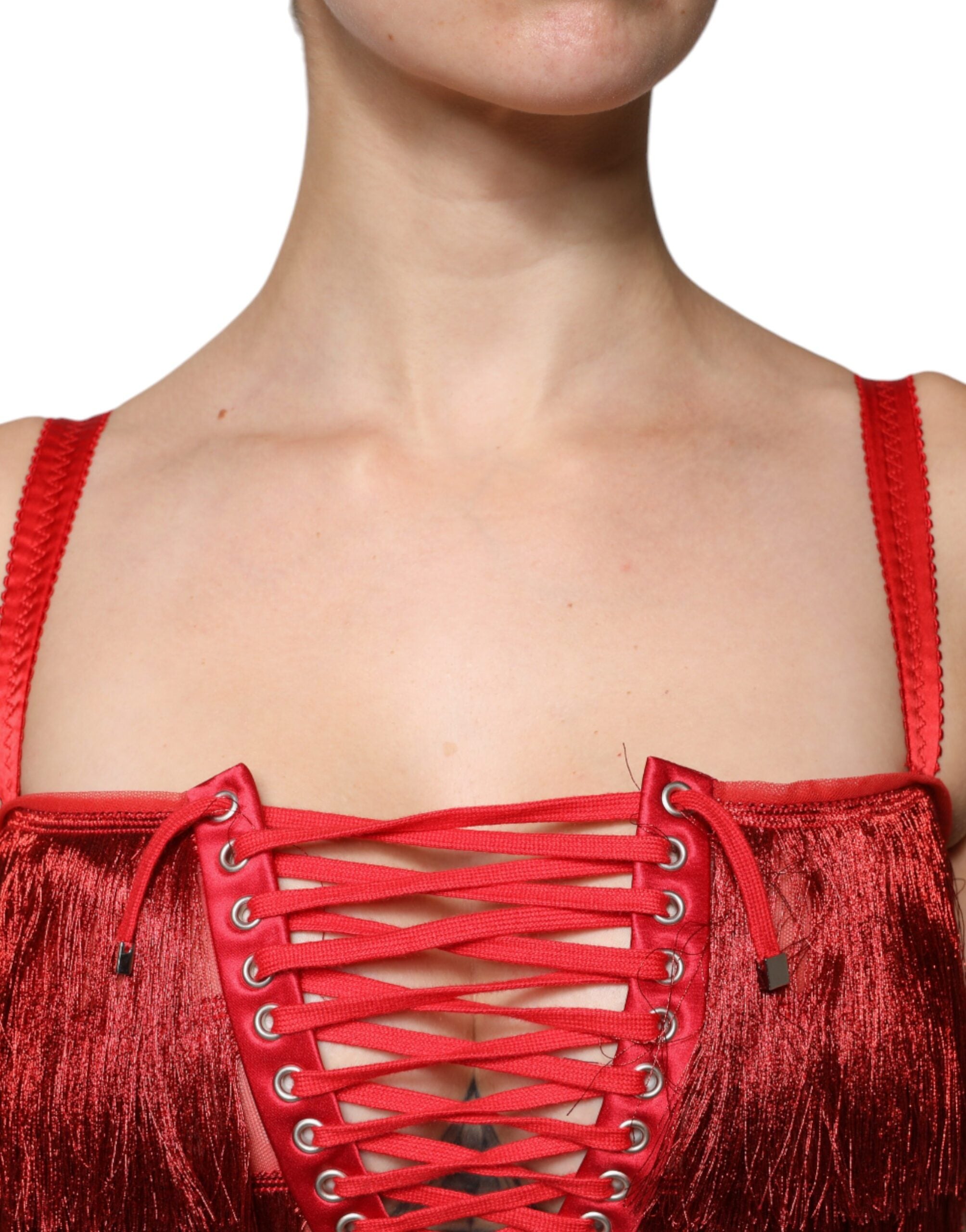 Dolce & Gabbana Red sleeveless sheath dress with lace and tassels-5